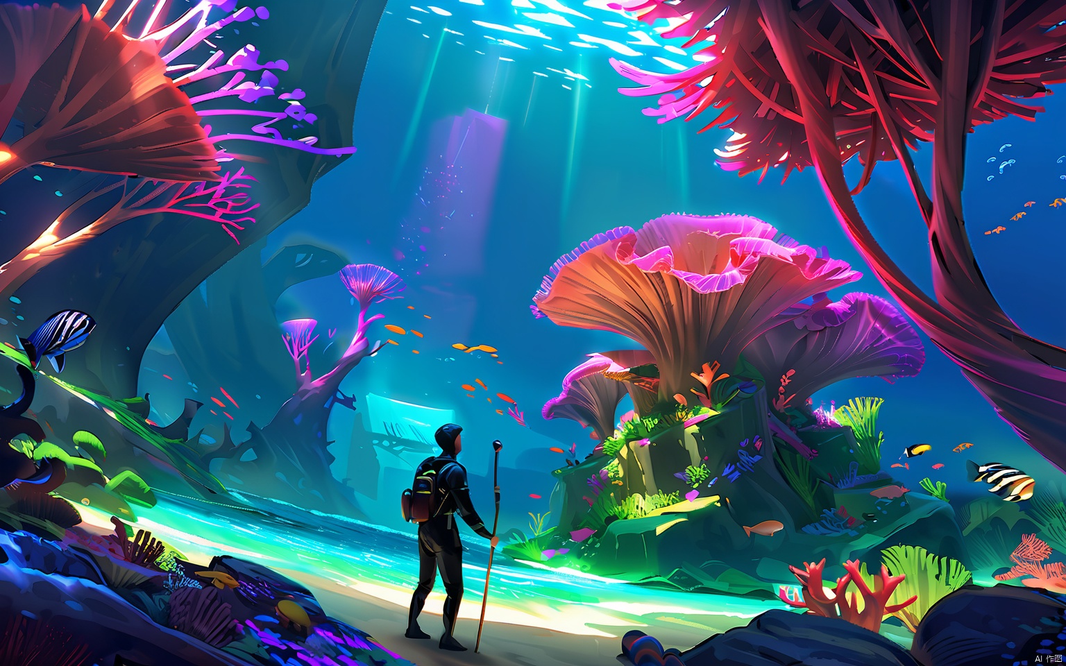GNSJ, conceptual design, An underwater kingdom with bioluminescent coral reefs and massive sea creatures. Soft, ethereal lighting, emphasizing the organic shapes and patterns. Divers in advanced suits explore the depths, highlighting the alien beauty.