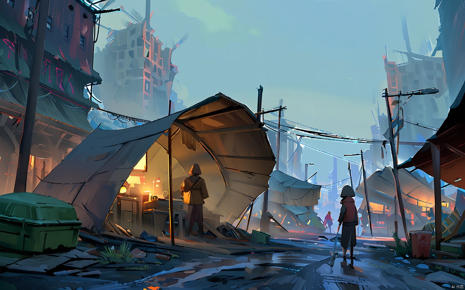 GNSJ, conceptual design, A dystopian slum with makeshift shelters and squalor. Desaturated colors and a sense of despair. Residents struggle to survive amidst the ruins of a once-great city.
