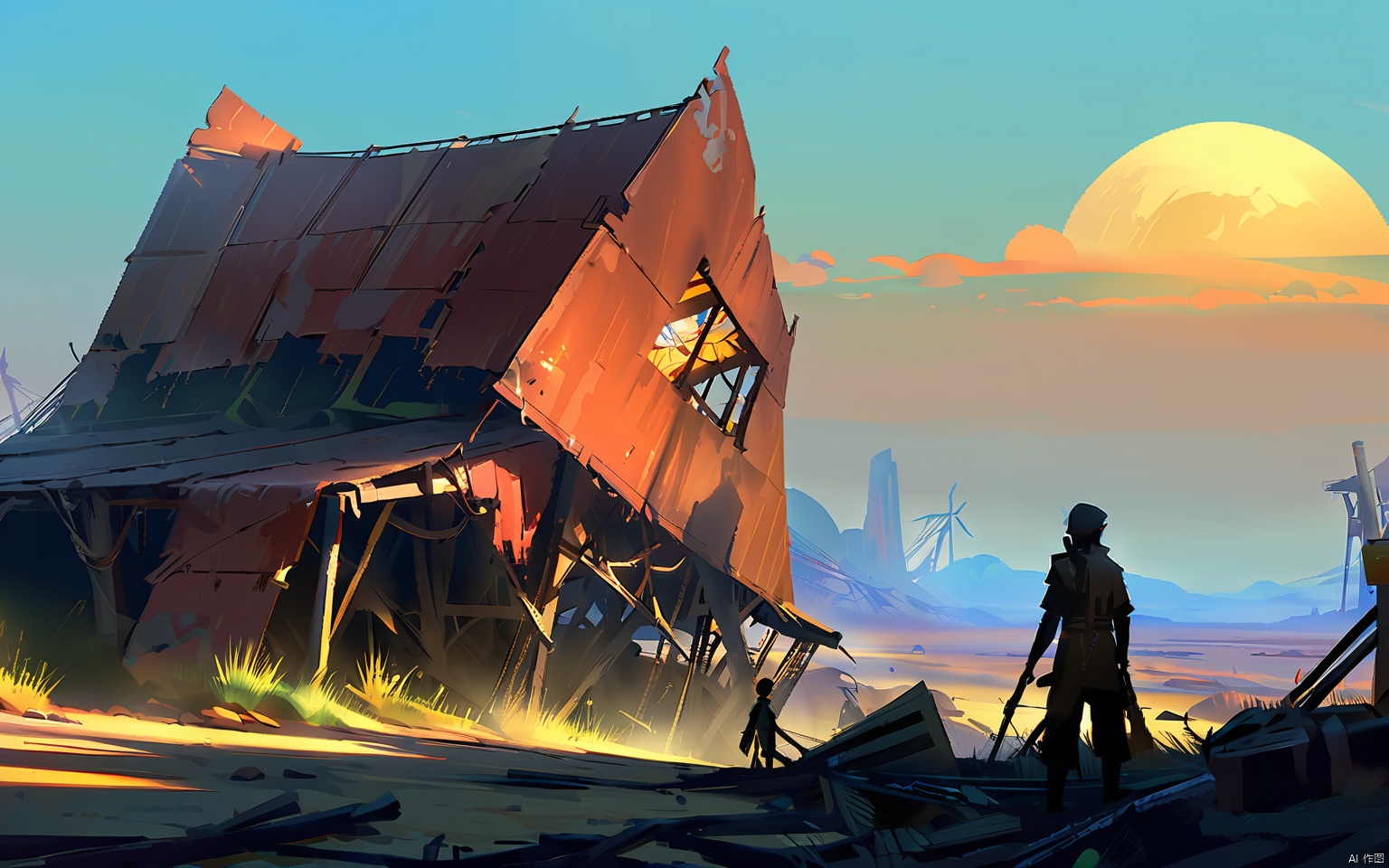 GNSJ, conceptual design, A post-apocalyptic wasteland with rusted metal structures and barren landscapes. High contrast lighting, emphasizing shadows and texture. A solitary survivor scavenges through ruins, silhouetted against a setting sun.