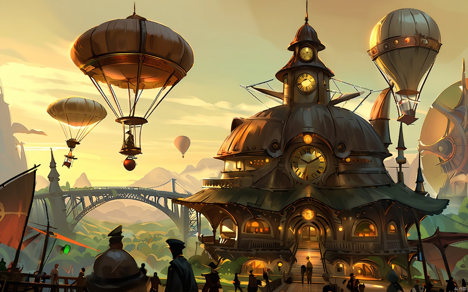 GNSJ, conceptual design, A steampunk metropolis with clockwork towers and flying dirigibles. Detailed mechanical elements and a sepia tone give it a nostalgic feel. Citizens in elaborate costumes go about their daily lives.