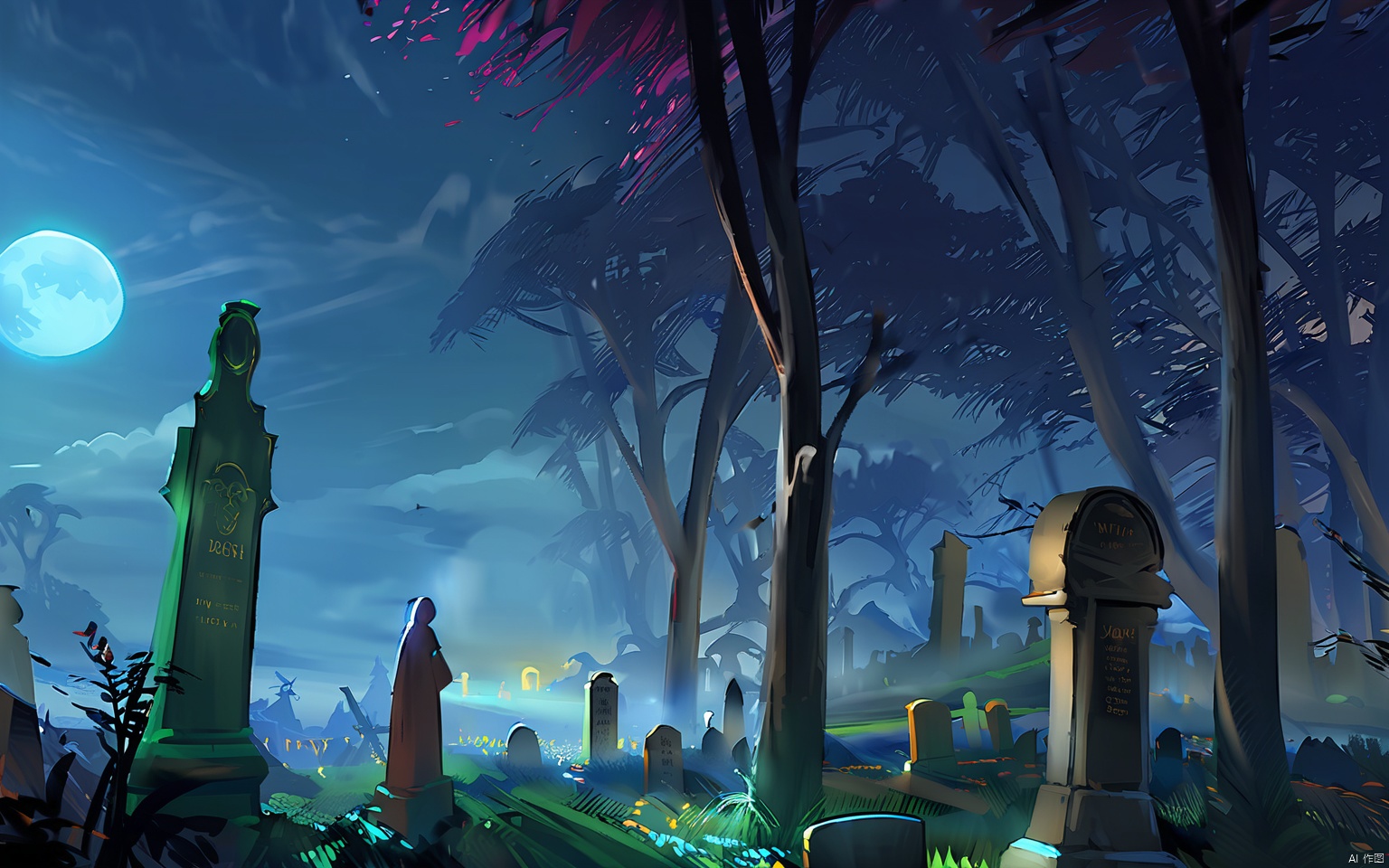 GNSJ, conceptual design, A haunted graveyard with ancient tombstones and eerie whispers. Moonlight casts eerie shadows, and the air is thick with mist. Ghosts and spirits wander the grounds, seeking resolution.