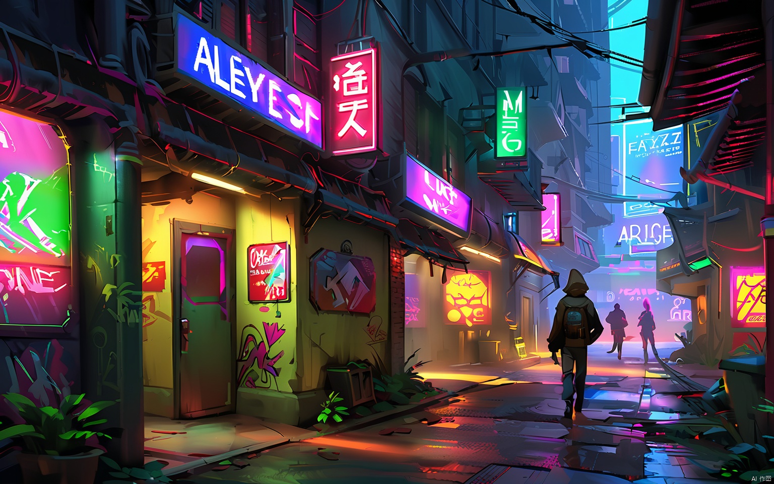 GNSJ, conceptual design, A cyberpunk alleyway with neon signs and dark corners. Graffiti covers the walls, and holographic projections flicker to life. A shadowy figure sneaks through, evading security drones.