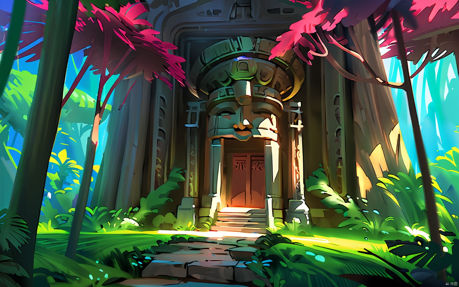 GNSJ, conceptual design, A ancient temple hidden deep within a dense jungle. Overgrown pathways and moss-covered stones. Archaeologists uncover ancient artifacts, revealing the secrets of a lost civilization.