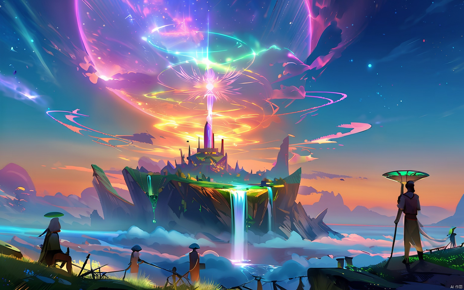 GNSJ, conceptual design, A celestial realm with floating islands and ethereal beings. Soft, glowing lights and a sense of otherworldliness. Divine beings interact with mortals, guiding them towards enlightenment.