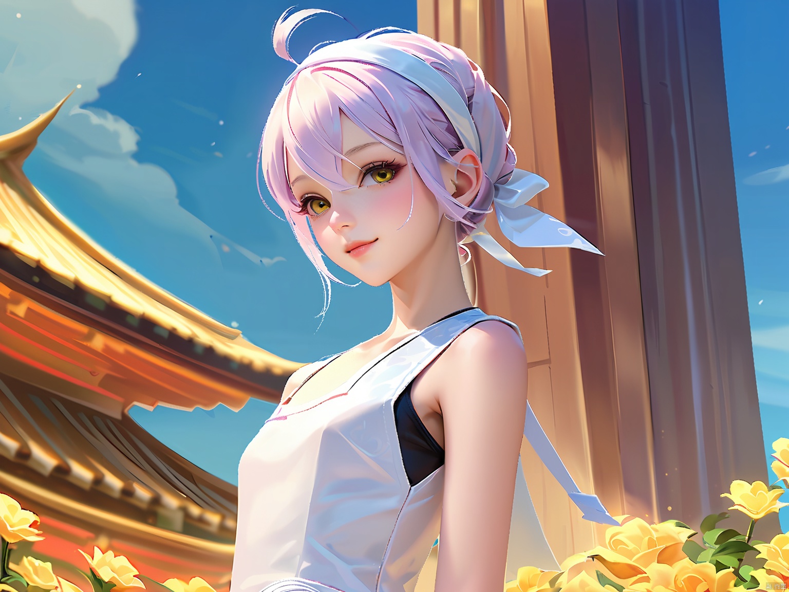 YXMX, a thirteen or fourteen-year-old girl in plain clothes with white silk hairband, lightly powdered face, delicate features, and a slim figure