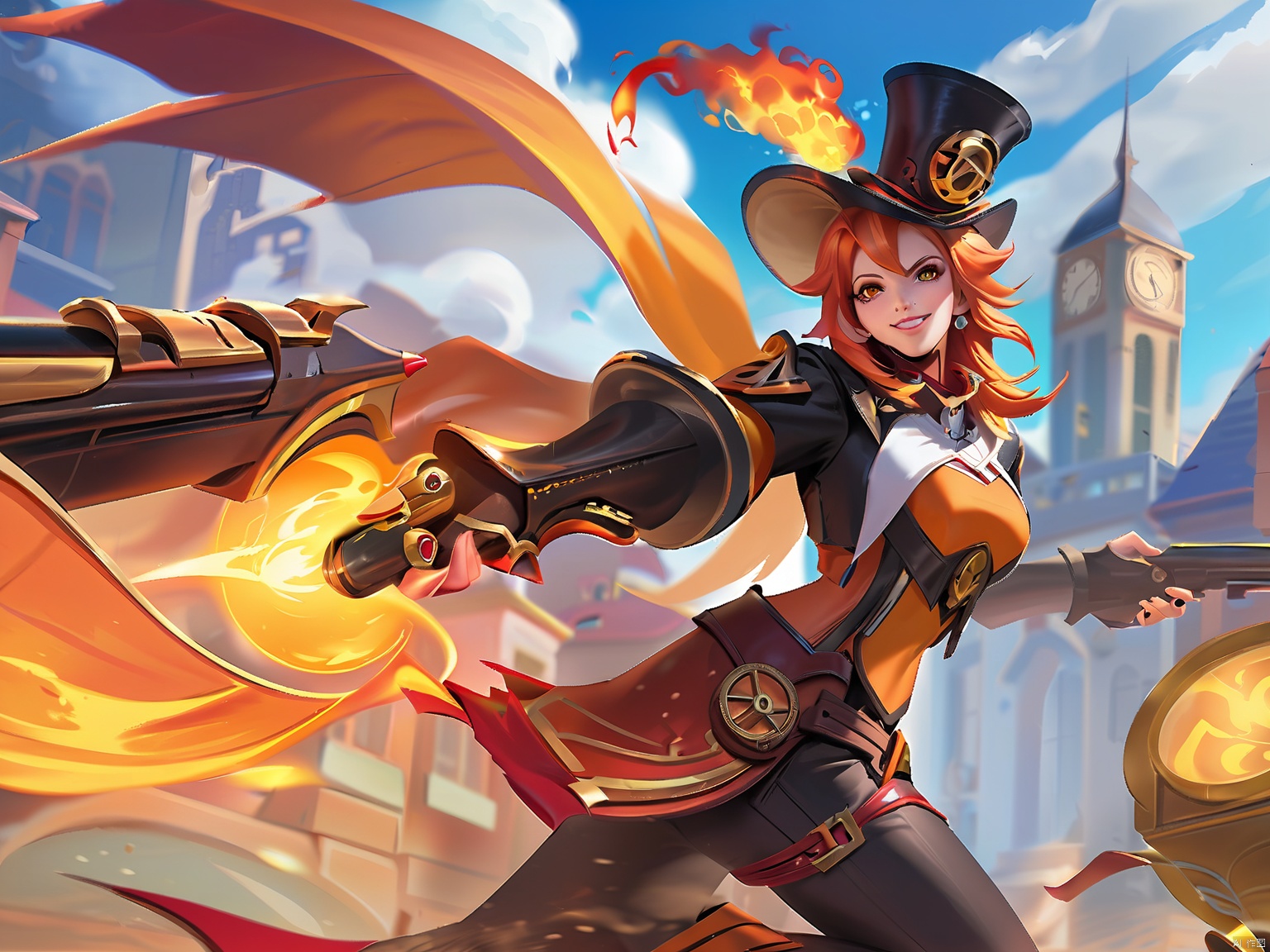 YXMX, with a mane of fiery orange hair, sports crimson and black steampunk armor. She holds a dual-barreled pistol that fires glowing amber bullets. The environment is a Victorian-era cityscape, filled with clockwork gadgets and swirling fog.