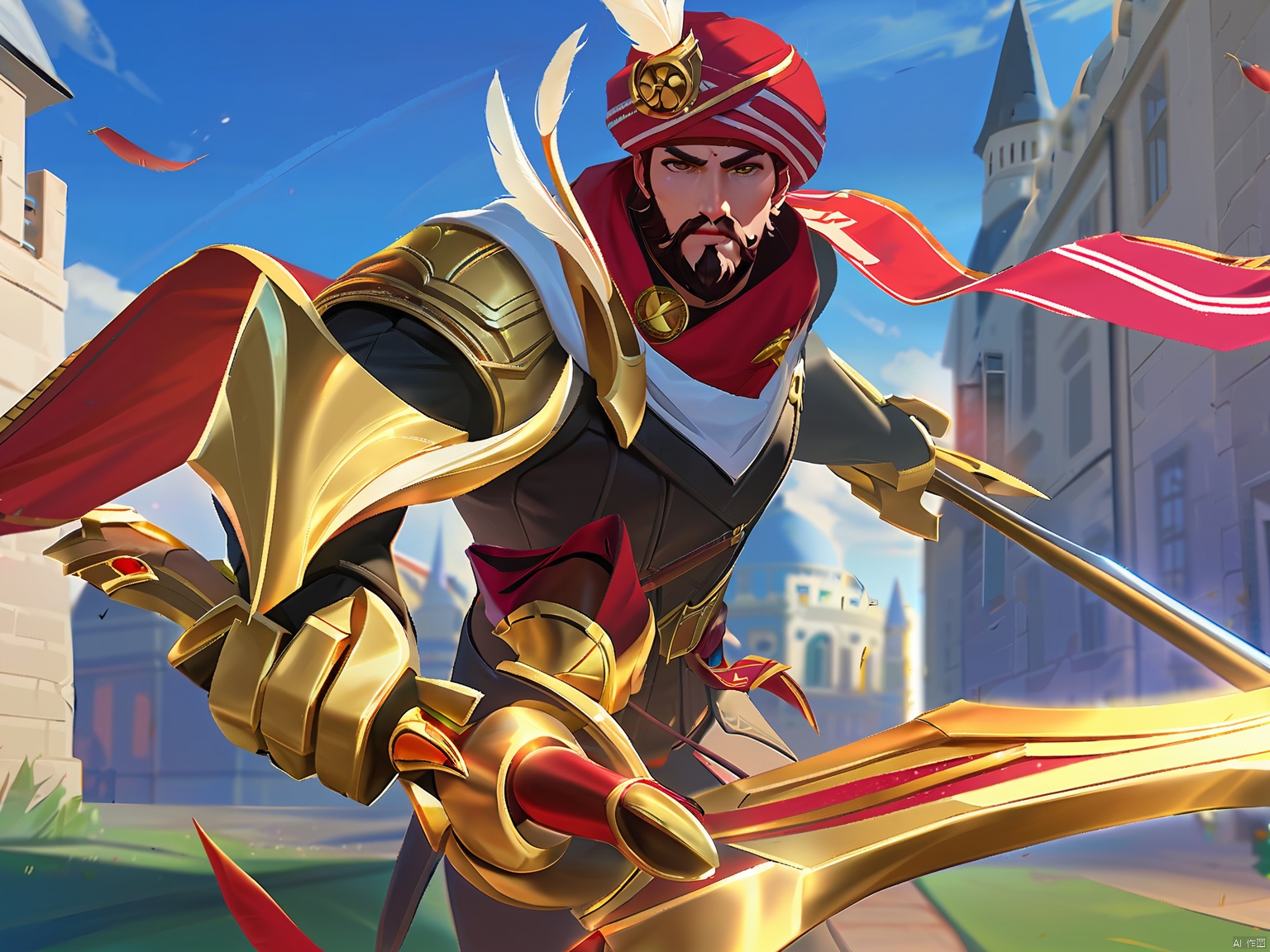 YXMX, a muscular man dressed in elaborate medieval fantasy armor, wields an ornately long spear. He wears a red and gold headdress with a white feather and a red scarf behind him. His armor was adorned with gold and red, and his expression was serious. In the background is a stone castle with a high spire and a cloudy sky,