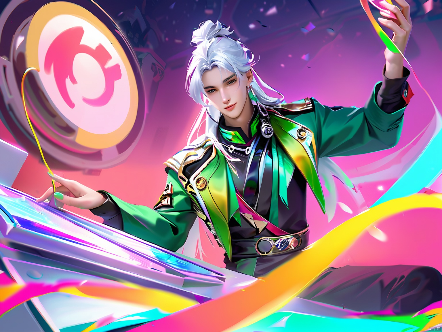 YXMX, a young man with long flowing silver hair and wearing a green and black gold jacket, sits in front of a futuristic control panel. He held the future weapon in one hand, the other hand hanging down. The background features a pink gradient, a large circular installation with abstract luminous shapes,