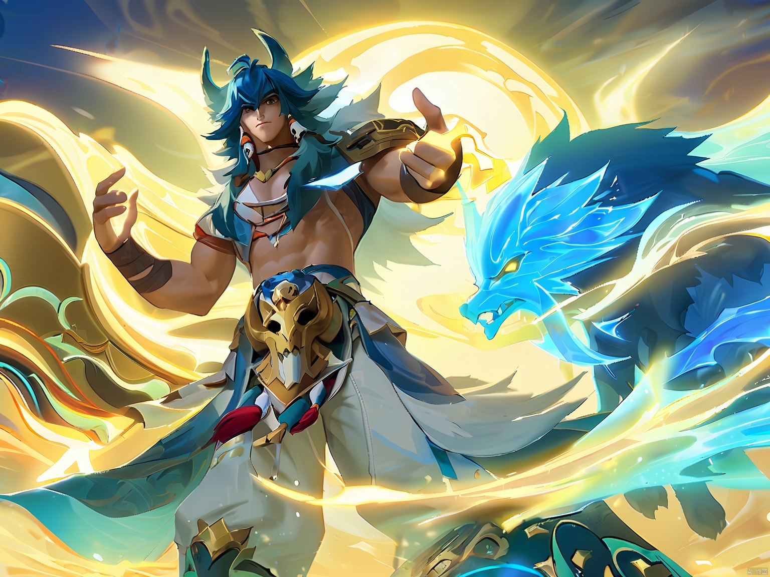 YXMX, a muscular, shirtless, blue-haired man in white pants and a skull-shaped belt, stands confidently with one hand on his hip and the other holding glowing blue energy. Behind him was a tall, stately blue-and-white Wolf, with a fierce expression and a radiant glow. The background is a cloudy sky with gold and blue tones,
