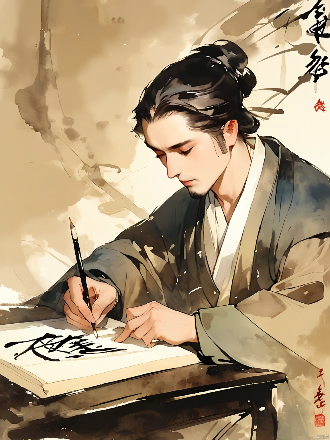 GFSM, A digital ink painting of a calligrapher with a brush in hand and a scroll before him, writing a beautiful poem. His eyes are focused and intent, and his face is serene. He wears a simple, robe-like garment, and his hair is neatly tied back in a bun. The background is a gentle, ink-wash rendering of a quiet study, and the overall style is elegant and scholarly, embodying the character's artistic and literary talent.