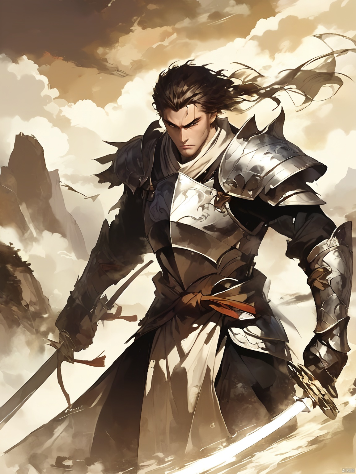 GFSM, A digital illustration of a warrior with a stern and determined look. His eyes are narrowed in focus, and his chiseled jaw is set in a firm line. He wears a suit of armor made of interlocking scales, and his sword is drawn and ready. The background is a stark, ink-brush landscape of rocky cliffs and swirling clouds, and the overall style is powerful and dynamic, reflecting the character's strength and resolve.