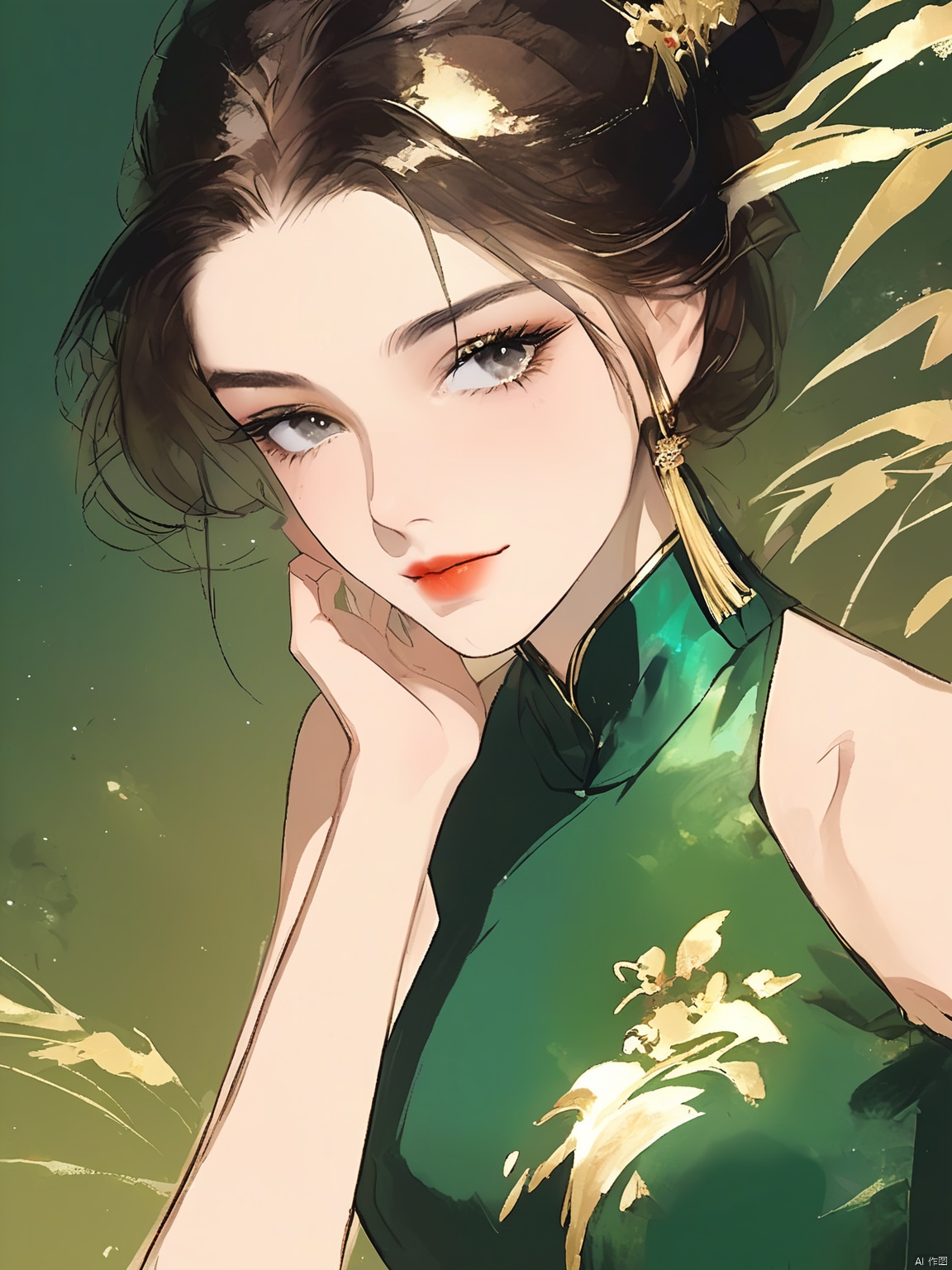 GFSM, A digital ink brushstroke illustration of a young woman with creamy skin and a serene, composed demeanor. Her eyes, large and luminous, are adorned with fine lashes and a hint of shimmering makeup. Her hair is styled in a chic, high bun, revealing her elegant neck and shoulders. She wears a stunning, emerald green cheongsam with intricate gold embroidery, and her makeup is refined, emphasizing her striking features. The backdrop is a blend of deep greens and soft browns, like a lush forest.