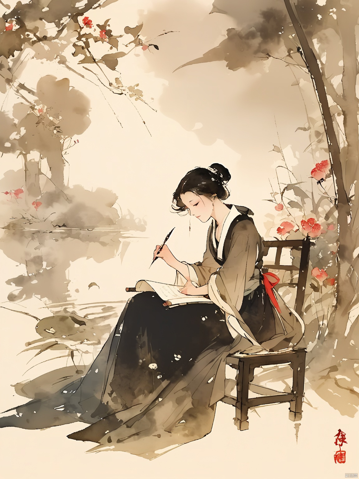 GFSM, A digital ink painting of a poetess with a quill in hand and a scroll before her, writing a heartfelt sonnet. Her eyes are distant and dreamy, and her hair is tied back with a delicate ribbon. She wears a simple, flowing dress adorned with ink-brush paintings of flowers, and her hands rest on the scroll. The background is a gentle, ink-wash rendering of a garden in bloom, and the overall style is romantic and poetic, capturing the character's emotional and creative spirit.