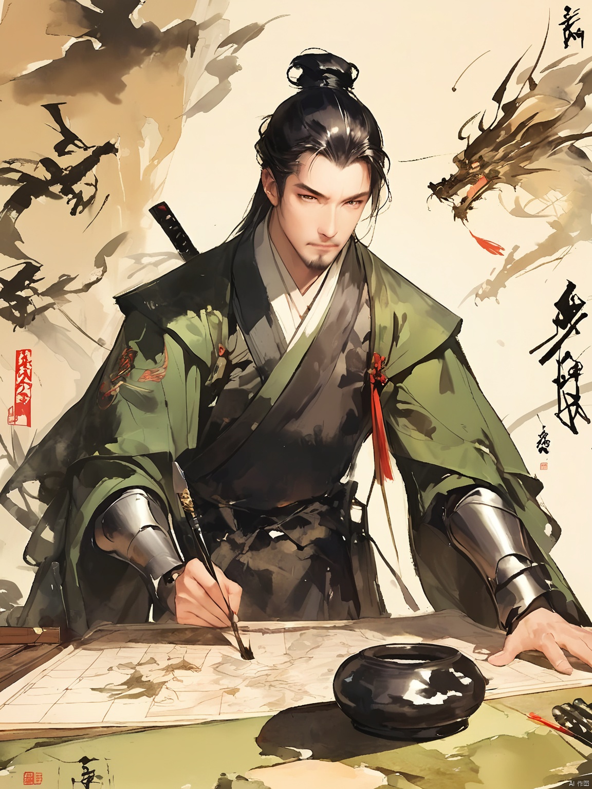 GFSM, A digital rendering of a scholar-general with a strategic mind and a sword at his side. His eyes are sharp and calculating, and his hair is neatly tied back in a bun. He wears a suit of armor adorned with ink-brush paintings of dragons and phoenixes, and his hands rest on a rolled-up military map. The background is a stark, ink-brush landscape of a battlefield, and the overall style is authoritative and strategic, embodying the character's leadership and tactical prowess.