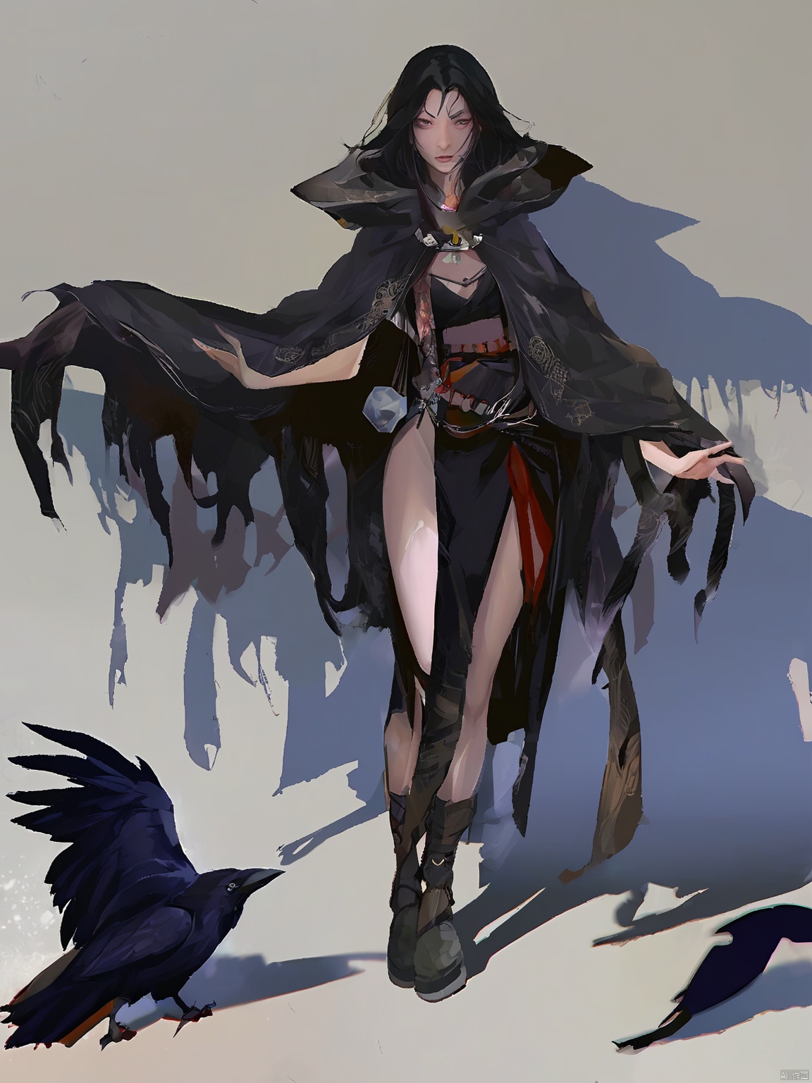 GFXY,New national style, A dark sorceress with raven-black hair, wearing a tattered cloak, summoning shadows around her.