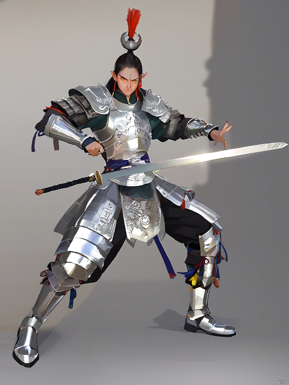GFXY,New national style, A warrior in shimmering silver armor, drawing a sword with a fierce battle cry, eyes blazing with determination. Wearing shoes that match the outfit, their polished silver boots gleam against the backdrop of simple white.