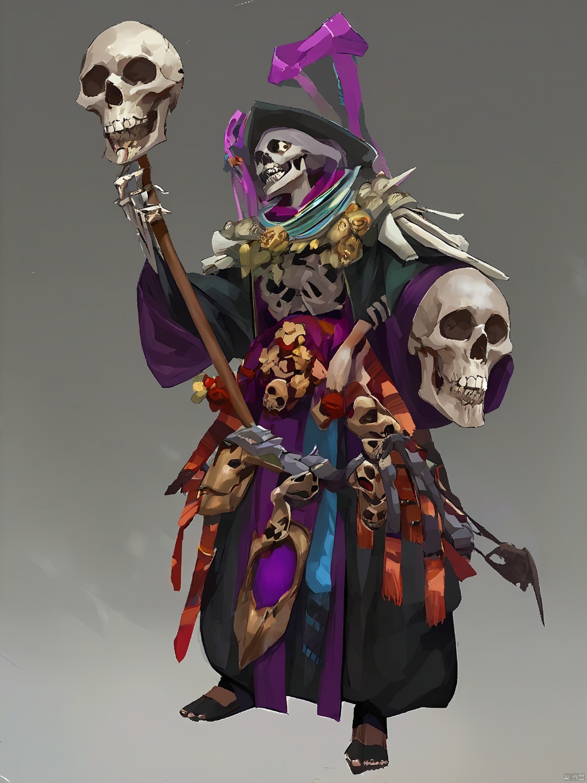 GFXY,New national style, A necromancer with skeletal minions, wielding a staff adorned with a skull, laughing maniacally.

