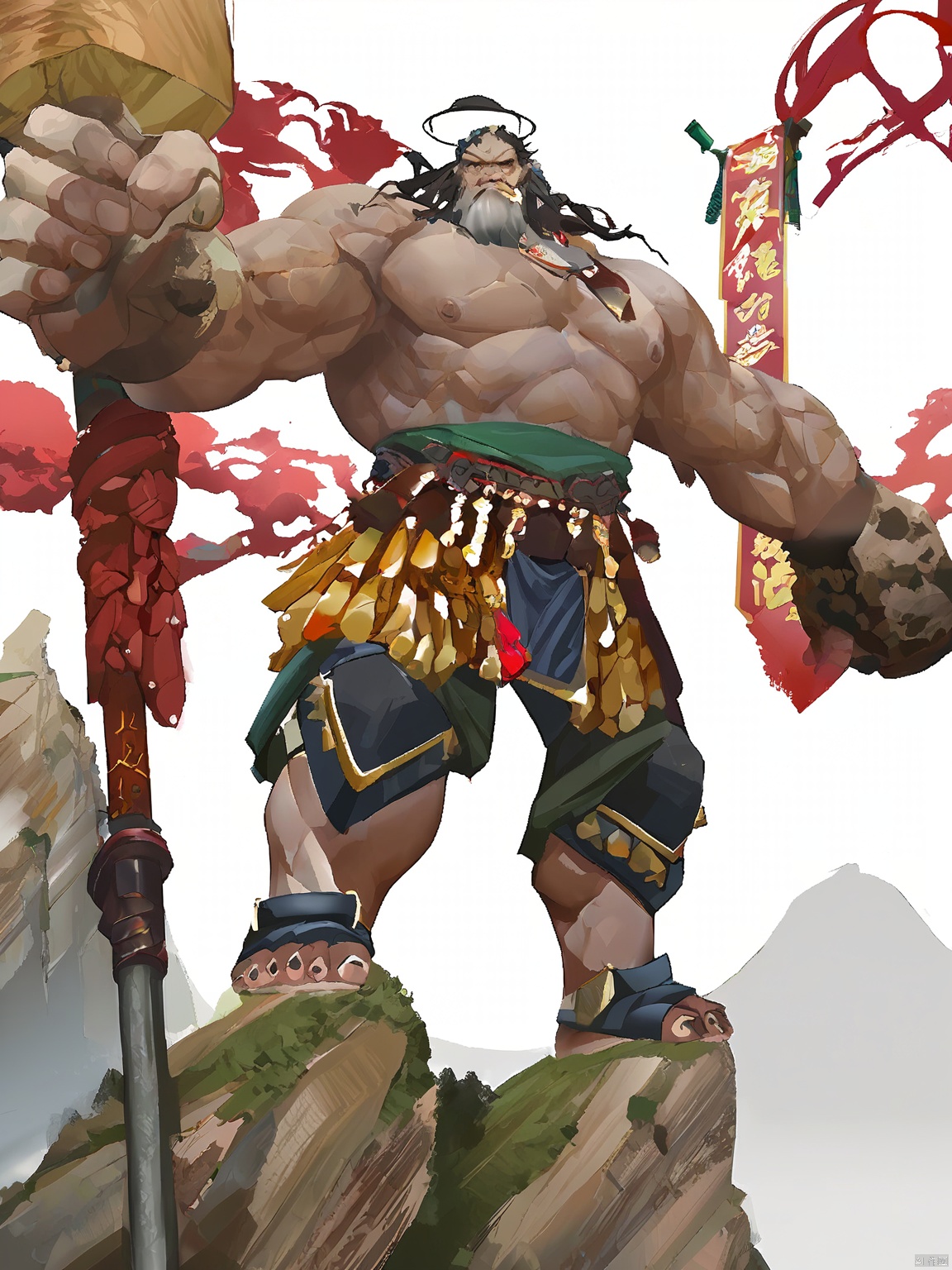 GFXY,New national style, A giant with rocky skin, wielding a massive club, towering over the landscape.Simple background, white background.