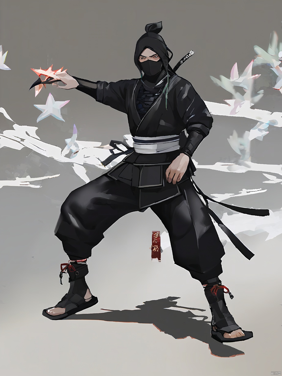GFXY,New national style, A ninja in sleek, midnight black attire, holding throwing stars with precision, eyes sharp and alert. Wearing shoes that match the outfit, his silent black ninja boots blend seamlessly into the backdrop of pristine white.
