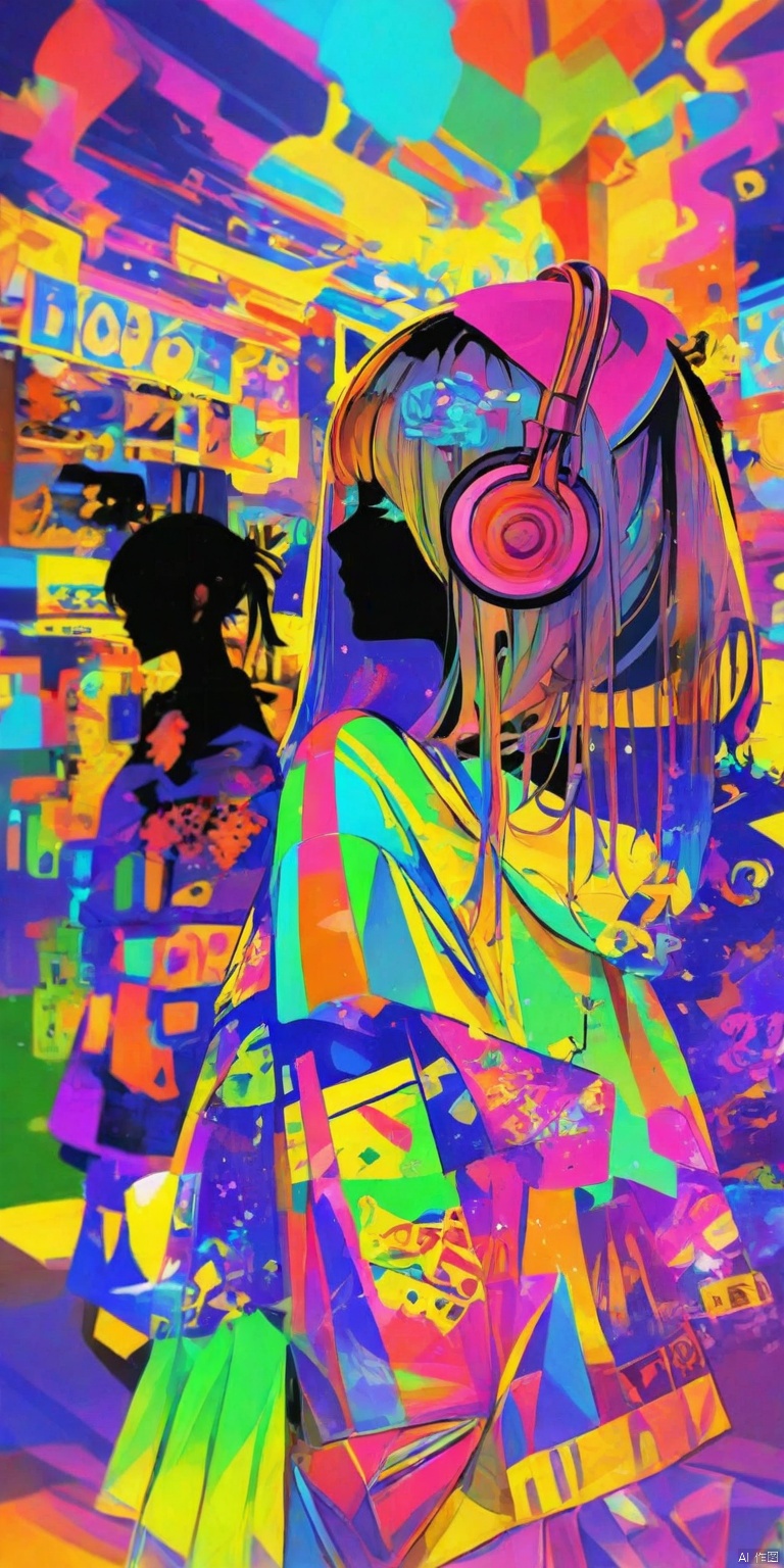 1girl, solo, headphones, hoodie, silhouette, colorful theme, low saturation,fashion,Trendy