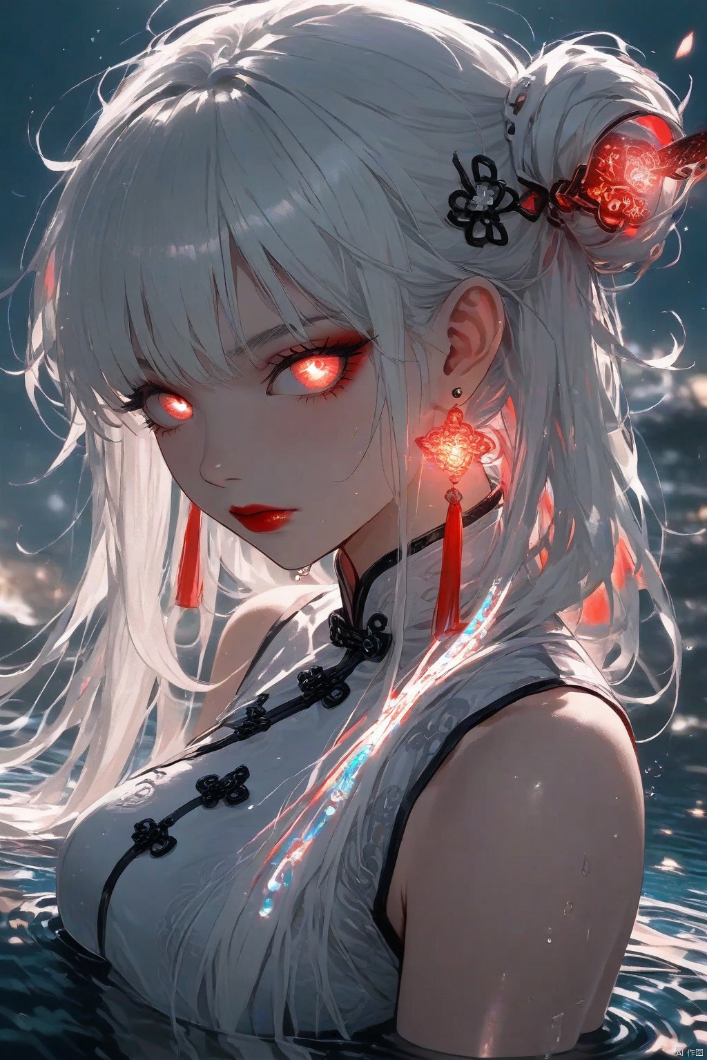 1girl, solo, long hair, red lips,looking at viewer, upper body, white hair,, glowing hair,hair ornament,white sling shirt,bare shoulders,in water,hair bun,ribbon,earring,The background is Chinese style