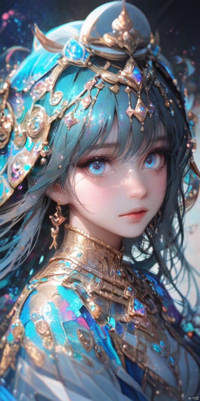 Dreamlike female portrait with flowing hair, soft gaze, and serene expression. Ethereal atmosphere with a seamless blend of realism and abstraction. Abstract expressionism overlay with intricate brush strokes and vibrant hues of blue, pink, and gold.