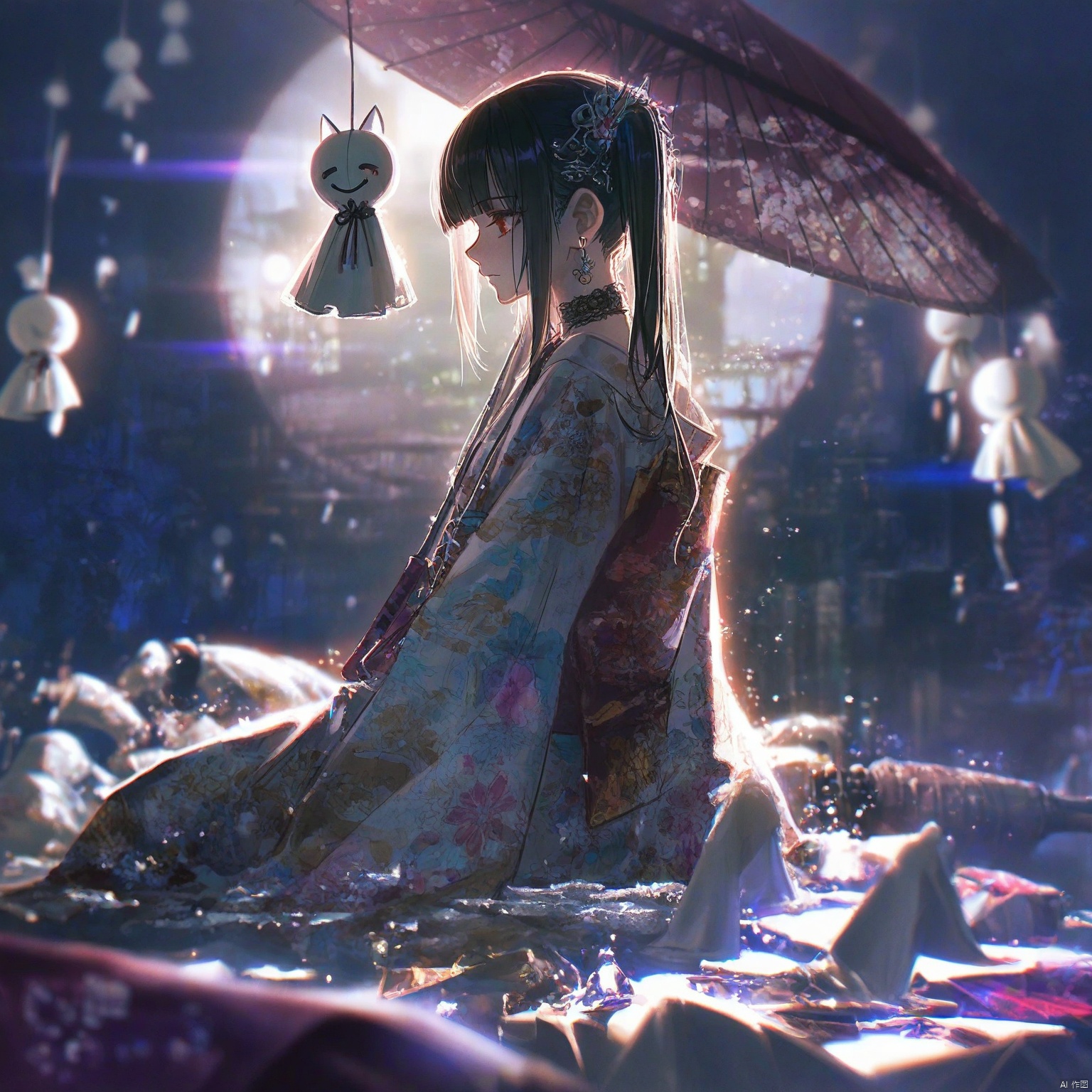 1girl, solo, long hair, black hair, hair ornament, twintails, closed mouth, choker, profile, umbrella, ghost, teruterubouzu ,backlighting,depth of field,cinematic lighting,light particles,lens flare, (artist:quasarcake:0.8),extreme aesthetic,(wlop:0.6),masterpiece,best quality,good quality,newest,very aesthetic,absurdres,Visual impact,A shot with tension, ultra-high resolution,32K UHD,sharp focus,best-quality,masterpiece,Emotionalization,unconventional supreme masterpiece,masterful details,temperate atmosphere,with a high-end texture,in the style of fashion photography, (alzi xiaomI:1.2),(mogumo:1.1),(good hands, nice hands:0.5),giving the poster a dynamic and visually striking appearance,impactful picture,offcial art,colorful,movie perspective, masterpiece,best quality,amazing quality,very aesthetic,absurdres,best quality,newest