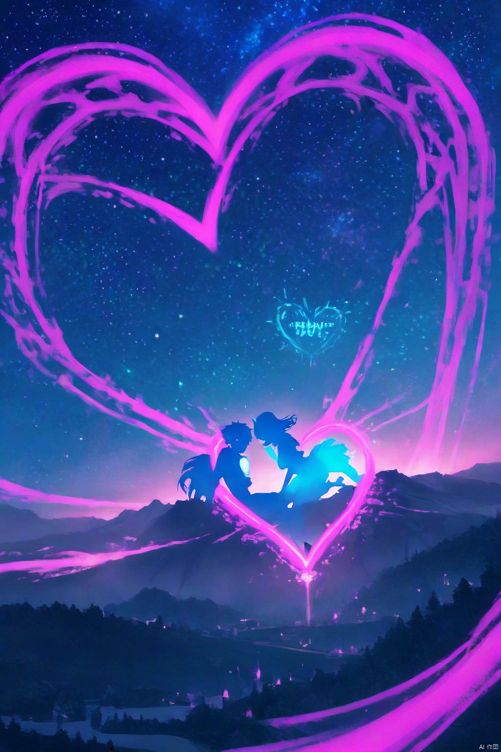 A beautiful digital artwork of a glowing neon pink and blue heart shape with a starry night sky background, a silhouette couple embracing on top of a hill in front of it, a dreamy landscape, glowing light effects, in the style of a fantasy style.
