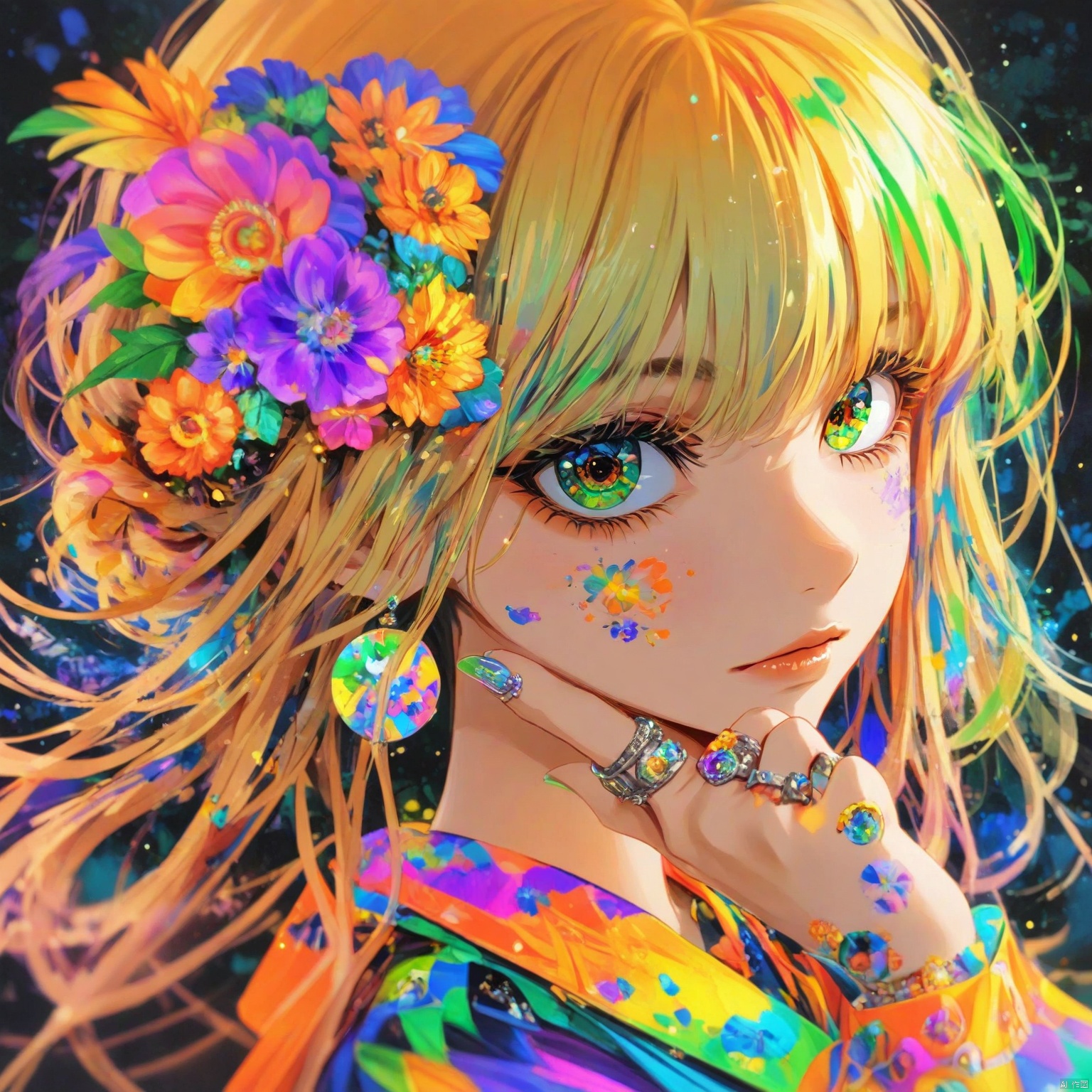 ZOZ_DM,Animation style,
a digital painting of a girl with long blonde hair

wearing a colorful dress

adorned with a ring on her left hand. The girl's dress is adorned in a variety of vibrant colors

including pink

blue

yellow

green

orange

and purple. Her hair is adorned with colorful flowers

adding a pop of color to the scene. The background is a deep black

creating a stark contrast to the girl's outfit.

