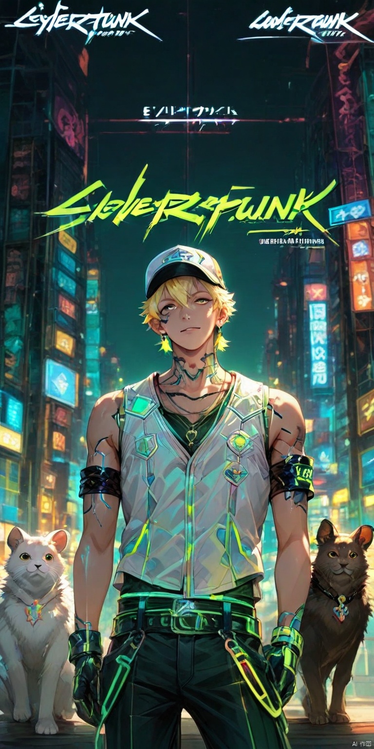 A boy, sixteen years old, with short light yellow hair, wearing a baseball cap, sleeveless white vest, dark green jeans, cyberpunk design, armbands, belts, cute animals, devil pendants, earrings, laughter, leather scarf, bust, high-definition close-up