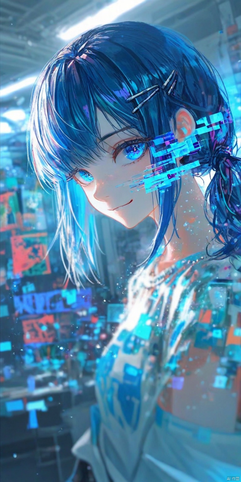 1girl, solo, long hair, looking at viewer, smile, bangs, blue eyes, hair ornament, twintails, blue hair, upper body, hairclip, indoors, glitch ,backlighting,blue and white theme,depth of field,cinematic lighting,light particles,lens flare, (artist:quasarcake:0.8),extreme aesthetic,(wlop:0.6),masterpiece,best quality,good quality,newest,year 2024,year 2023,very aesthetic,absurdres,Visual impact,A shot with tension, ultra-high resolution,32K UHD,sharp focus,best-quality,masterpiece,Emotionalization,unconventional supreme masterpiece,masterful details,temperate atmosphere,with a high-end texture,in the style of fashion photography, (Visual impact:1.2),giving the poster a dynamic and visually striking appearance,impactful picture,offcial art,colorful,splash of color,movie perspective, masterpiece,best quality,amazing quality,very aesthetic,absurdres,best quality,newest