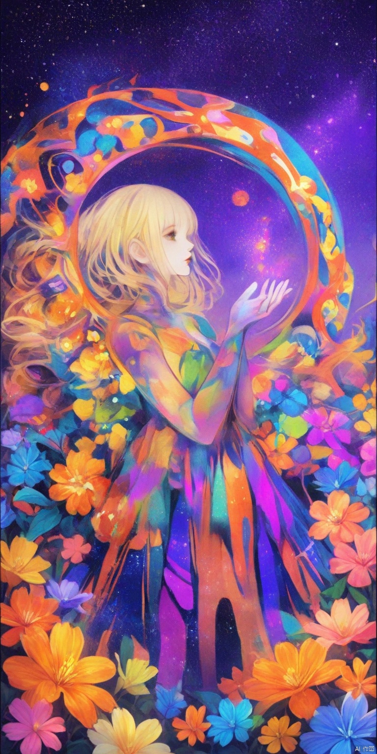 YHCH,It's a vibrant digital painting depicting a humanoid figure whose flowing, translucent, blond hair blends into a sea of colorful flowers. The background was a deep, starry night sky, with flowers in shades of purple, pink and orange,