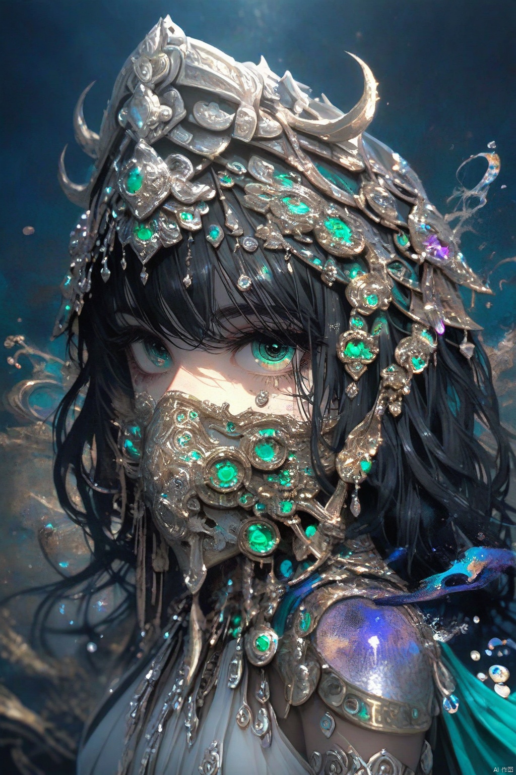 A beautiful woman with wavy black hair and striking green eyes wears an ornate Venetian mask. The mask is intricately designed with gold and silver details, partially covering her face, enhancing her mysterious allure. The background is a dreamy, surreal blend of deep blues, purples, and hints of gold, creating an ethereal atmosphere. The entire composition is rendered in an abstract ink style, with flowing lines and splashes of ink forming the textures and shadows, adding a sense of movement and mystery to the piece.
