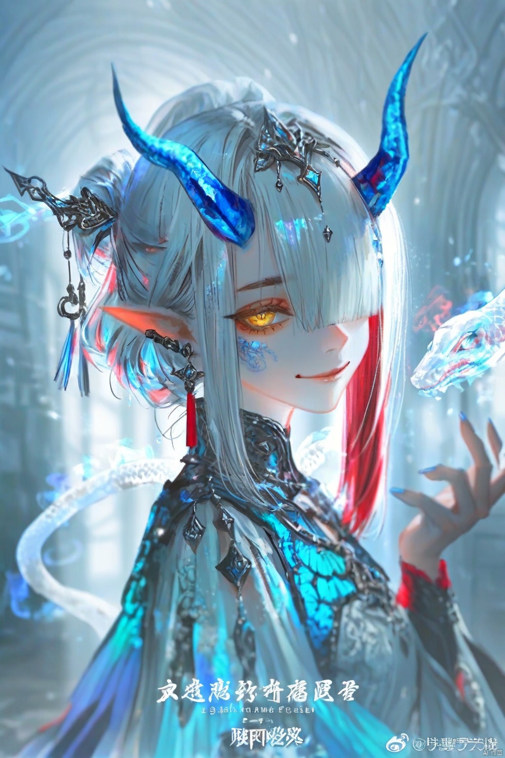 1girl, solo, long hair, looking at viewer, smile, jewelry, closed mouth, yellow eyes, upper body, white hair, red hair, multicolored hair, earrings, horns, pointy ears, hair over one eye, tassel, snake, chinese text ,backlighting,blue and white theme,depth of field,cinematic lighting,light particles,lens flare, (artist:quasarcake:0.8),extreme aesthetic,(wlop:0.6),masterpiece,best quality,good quality,newest,year 2024,year 2023,very aesthetic,absurdres,Visual impact,A shot with tension, ultra-high resolution,32K UHD,sharp focus,best-quality,masterpiece,Emotionalization,unconventional supreme masterpiece,masterful details,temperate atmosphere,with a high-end texture,in the style of fashion photography, (Visual impact:1.2),giving the poster a dynamic and visually striking appearance,impactful picture,offcial art,colorful,splash of color,movie perspective, masterpiece,best quality,amazing quality,very aesthetic,absurdres,best quality,newest,
