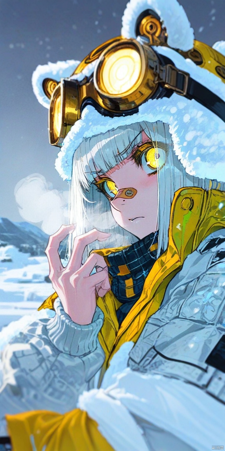 cogecha,(mika pikazo:0.4),[:(onono imoko:0.7),:12](rhasta:0.4),[quasarcake,::12][(jima:0.8),::12] ultra close-up of the maiden glaring defiantly, her platinum white undercut hair with glowing yellow highlights framing her face. Industrial-grade ski goggles are pushed up, revealing her vertical-pupil eyes. Her heated breath is melting the snow on her scarf. One of her tiger teeth, chipped with a gold filling, is visible. A neon orange防寒面罩(cold-weather mask) is pulled down to her chin. A cross-shaped bandaid is across her nose bridge, and holographic snow data is reflected on her goggles. Steam vents on her jacket collar emit heat waves.
