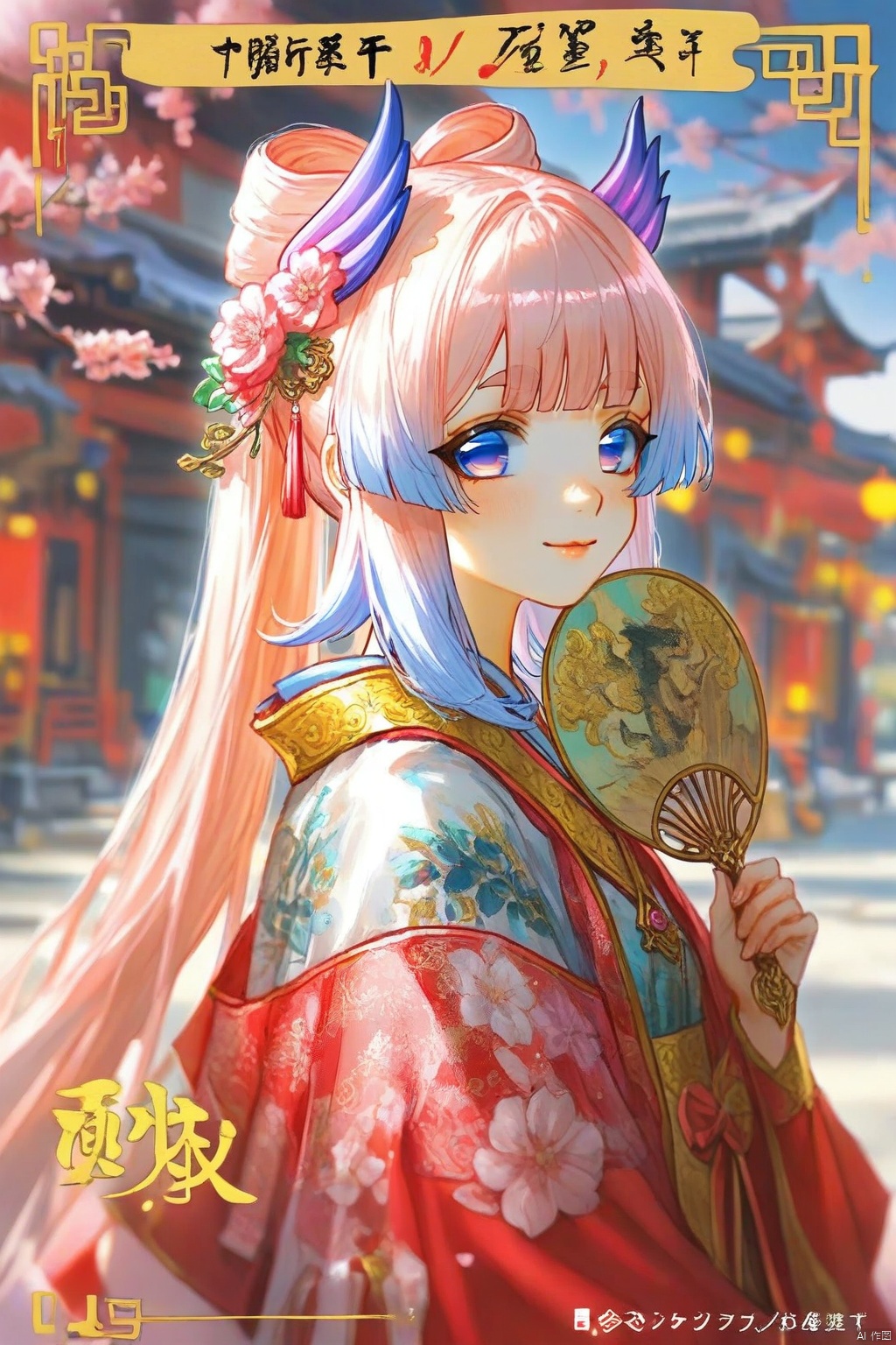 1girl, solo, long hair, looking at viewer, smile, bangs, blue eyes, hair ornament, long sleeves, holding, closed mouth, blue hair, purple eyes, upper body, pink hair, flower, multicolored hair, japanese clothes, alternate costume, hair flower, blunt bangs, kimono, hand fan, folding fan, holding fan, bow-shaped hair, sangonomiya kokomi , (master piece:1.2), best quality, highres, painting, paintbrush, Chinese_legends,cover art, Guochao, red_theme, traditional Chinese painting,cute,chinese new year, festival, National tide style, ancient art, Golden luminous contour, bright, festive, highest quality, (brush Art 1.8), trendy fashion, Hanfu, (chinese artstyle,golden outline), (artist:quasarcake:0.8),
