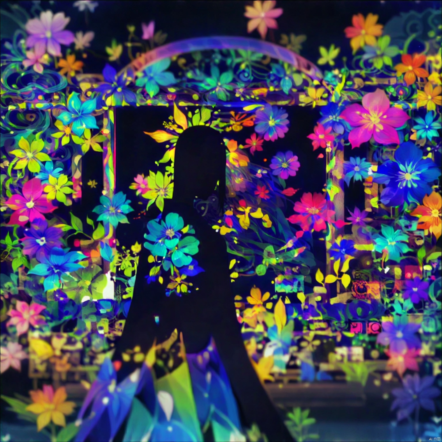 a silhouette of a person stands in front of a vibrant floral painting. The silhouette of the person is facing the viewer their back to the viewer. The painting is composed of a variety of colors including pink purple yellow green and blue creating a striking contrast against the dark background. The person's shadow is cast on the left side of the frame adding depth to the composition.