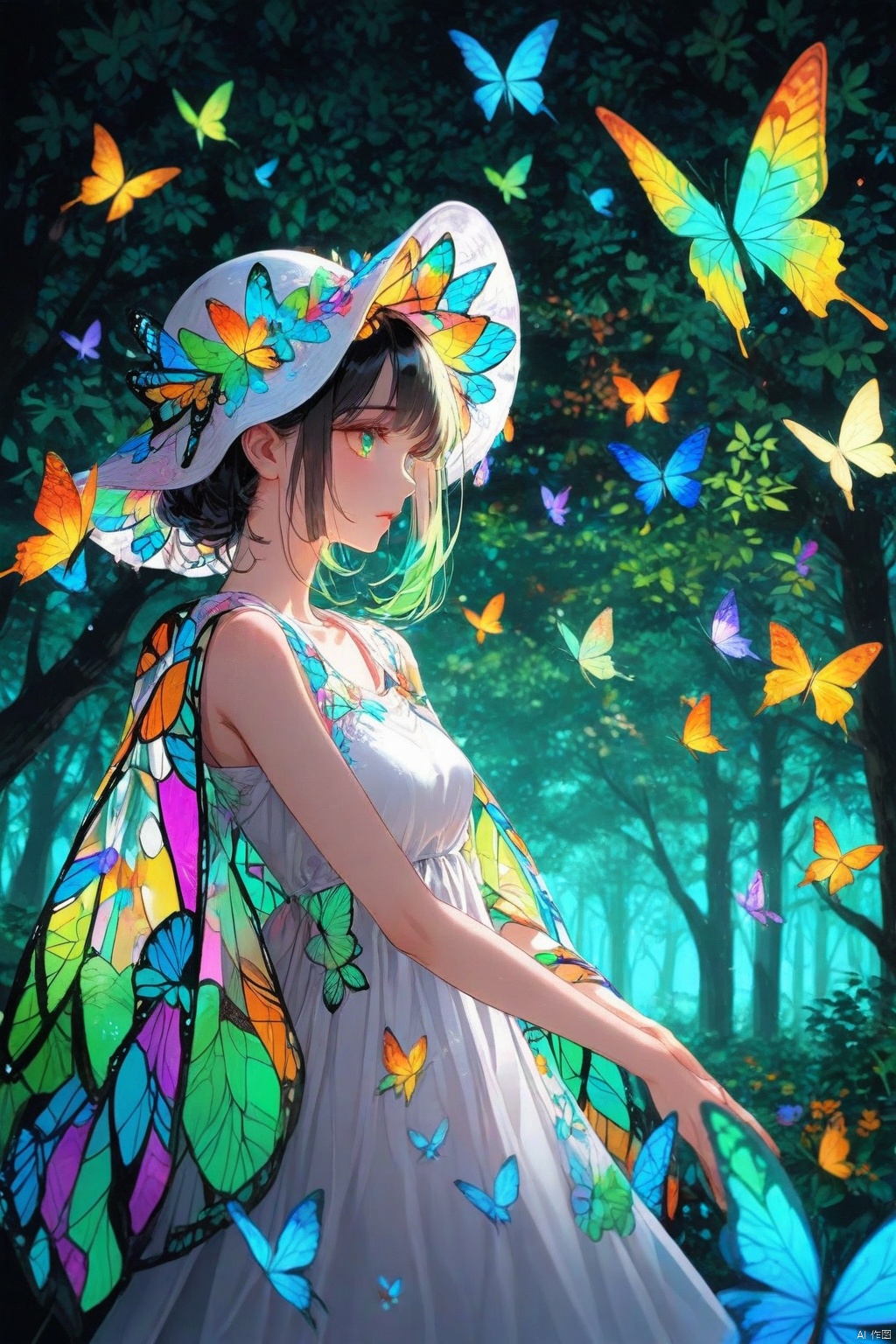 An eye-level view of a woman in a white dress and a white cap is standing in the middle of a rainbow-colored forest. The woman is facing the left side of the frame her head turned towards the right. The background is a deep black creating a striking contrast with the vibrant colors of the butterflies. The butterflies are in various shades of yellow orange blue and green adding a pop of color to the scene.