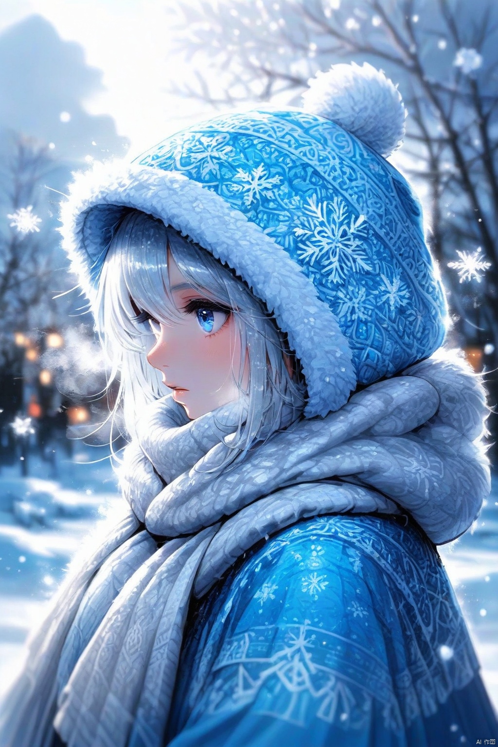 This image is a digital artwork featuring a person wearing winter clothing. The person is depicted in profile facing to the right. They are wearing a blue hat adorned with white snowflakes and a thick white scarf wrapped around their neck. The scarf appears to be made of a fluffy material adding to the wintery feel of the scene. The background is plain and light with subtle hints of snowflakes scattered around enhancing the wintry atmosphere. The overall color palette is dominated by shades of blue and white creating a cold and serene ambiance.
