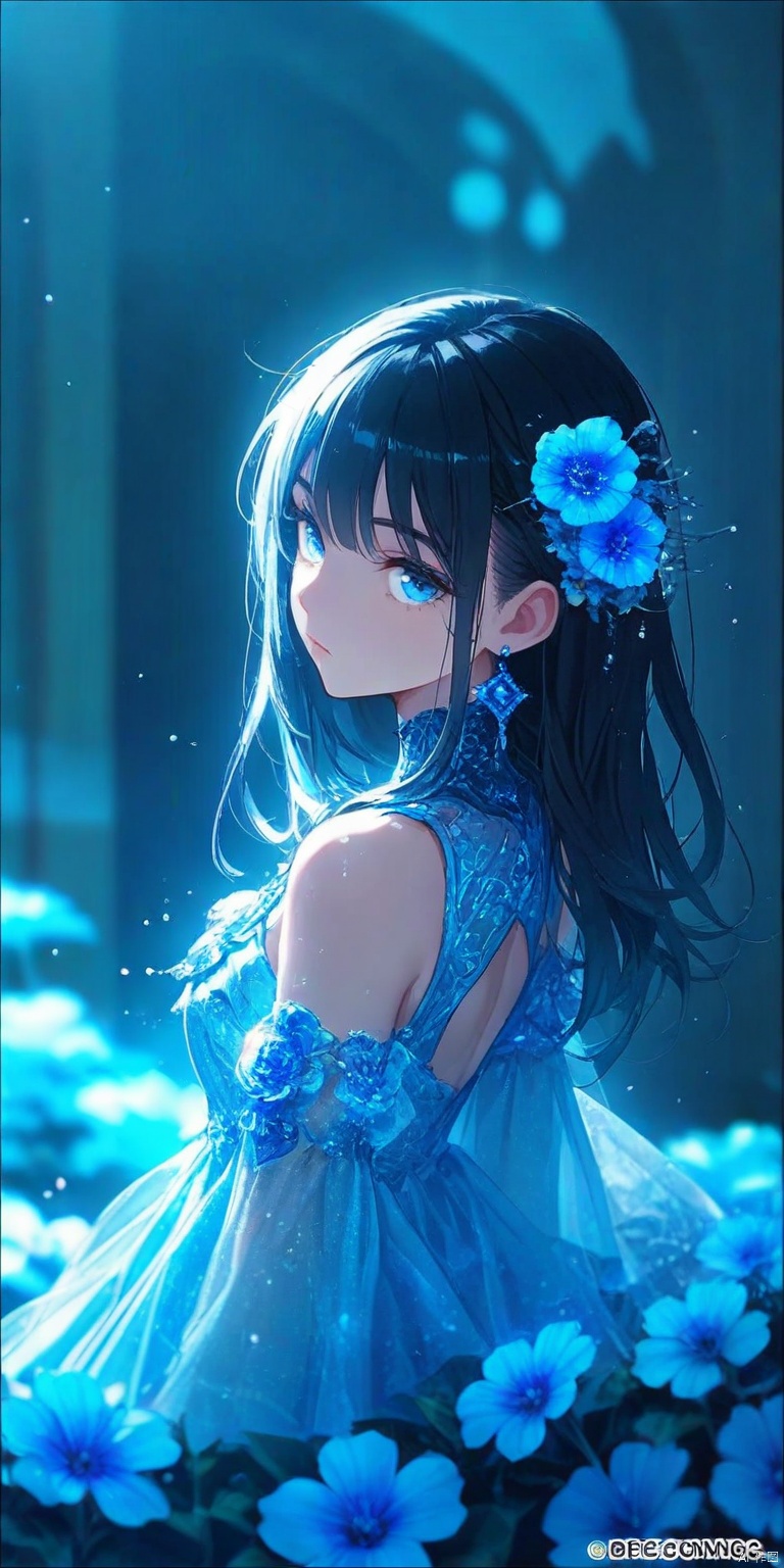 masterpiece,best quality,high quality,chromatic_aberration,Light Blue Theme,//,1girl, solo, flower, long hair, blue eyes, blue flower, black hair, dress, expressionless, upper body, hair ornament, closed mouth, blue dress, water drop, bare shoulders, jewelry, clothing cutout//,year_2023,year_2024,//,official art,depth of field,detailed light,blurry background,cinematic lighting,ray tracing,amazing quality,very aesthetic,absurdres,beast quality,ultra detailed,