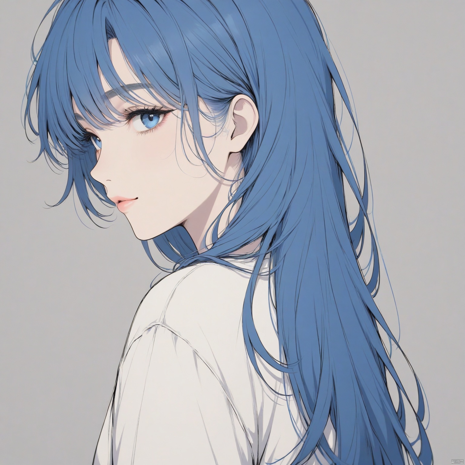 ZOZ_DM,Animation style,
An animated image of a woman with long blue hair. She is wearing a white long-sleeved shirt. Her eyes are blue and her eyebrows are a lighter shade of blue. Her lips are a darker shade of pink. Her hair cascades over her shoulders. Her ears are a light brown color. She has a slight smile on her face. The background is a light gray color.


