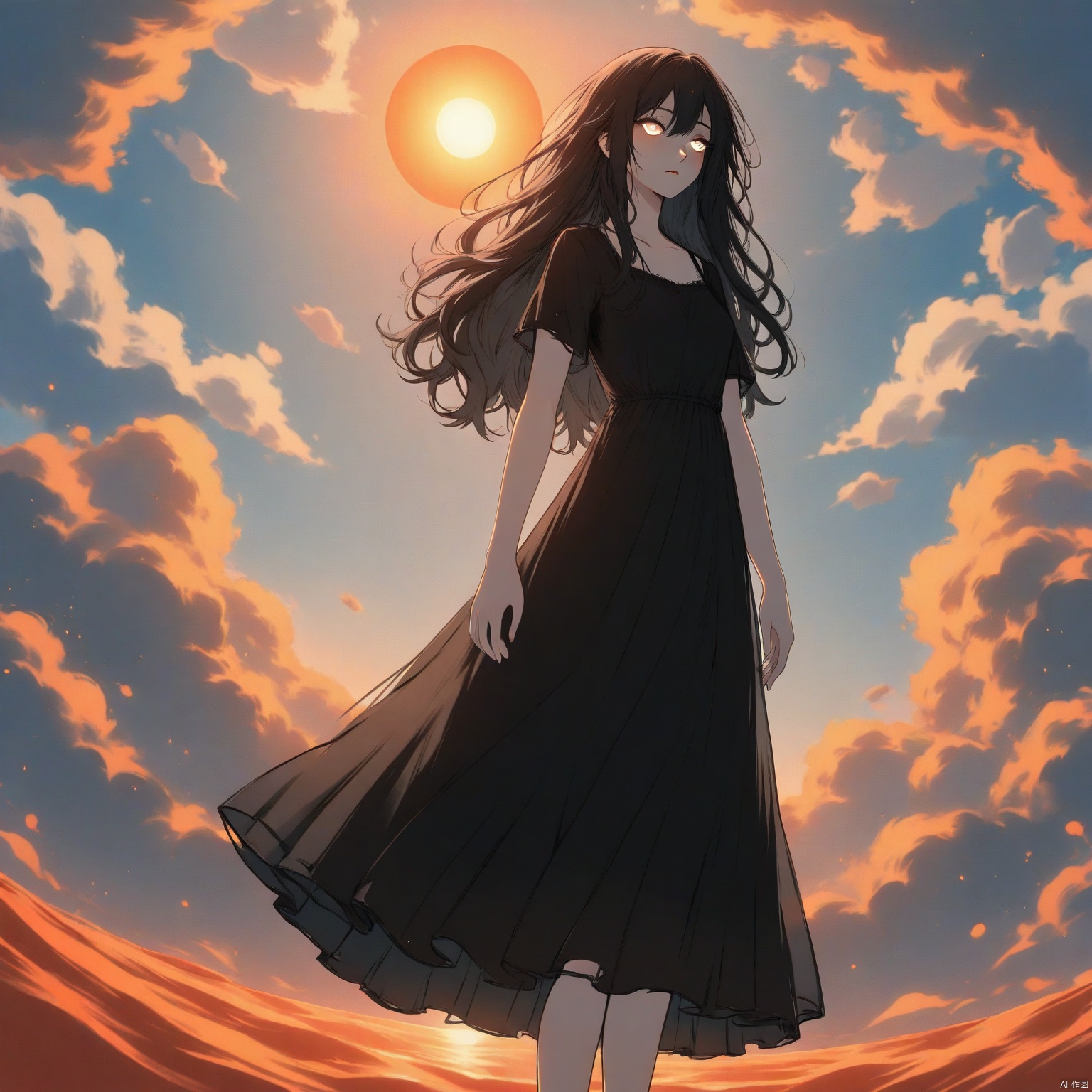 ZOZ_DM,Animation style,
An animated image of a woman in a black dress. The woman has long black hair and white eyes. The sky is a vibrant orange and blue. The sun is setting on the right side of the image.