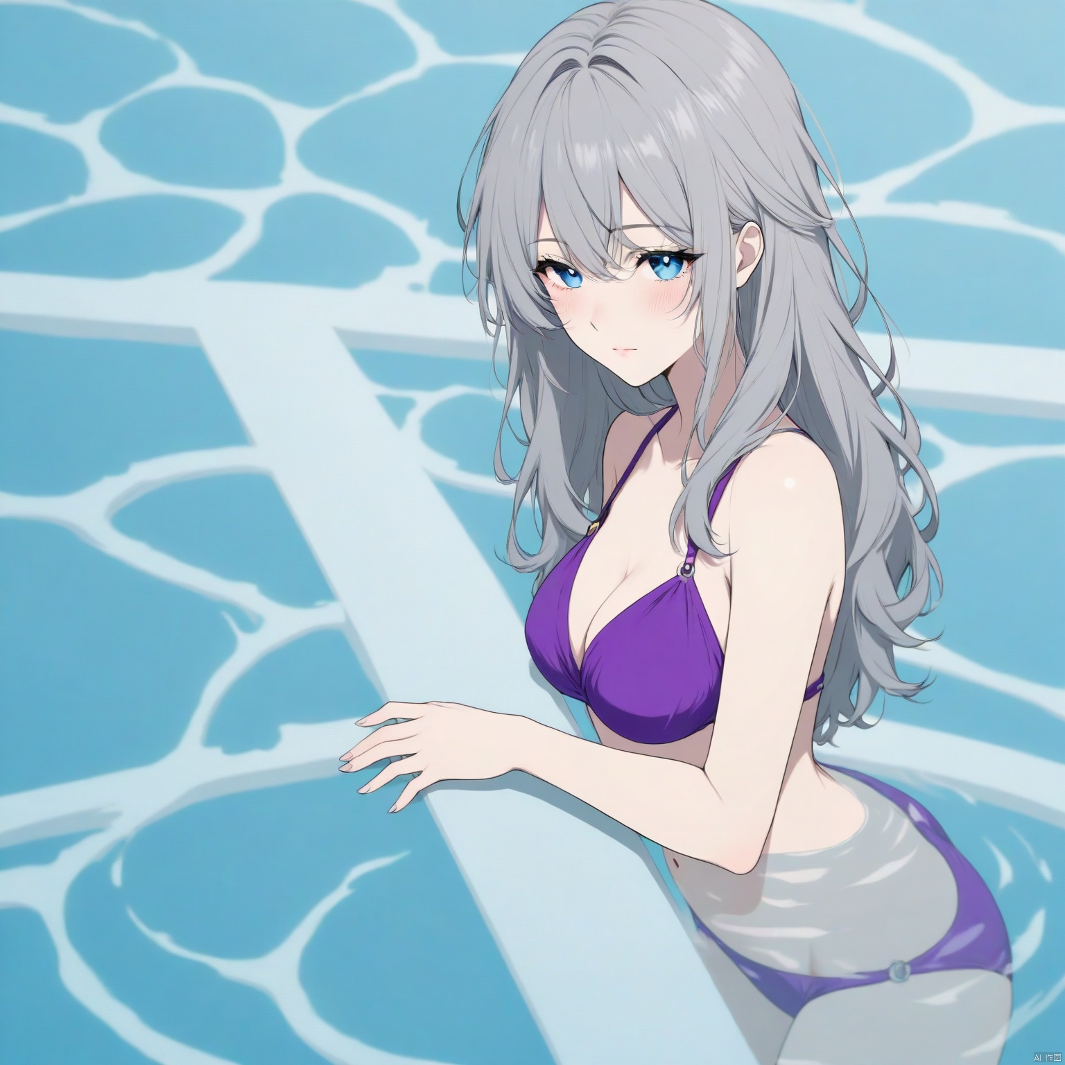 ZOZ_DM,Animation style,
An animated image of a woman in a purple bikini. The woman has long gray hair and blue eyes. The background is a light blue color. There are white lines in the water behind the woman.

