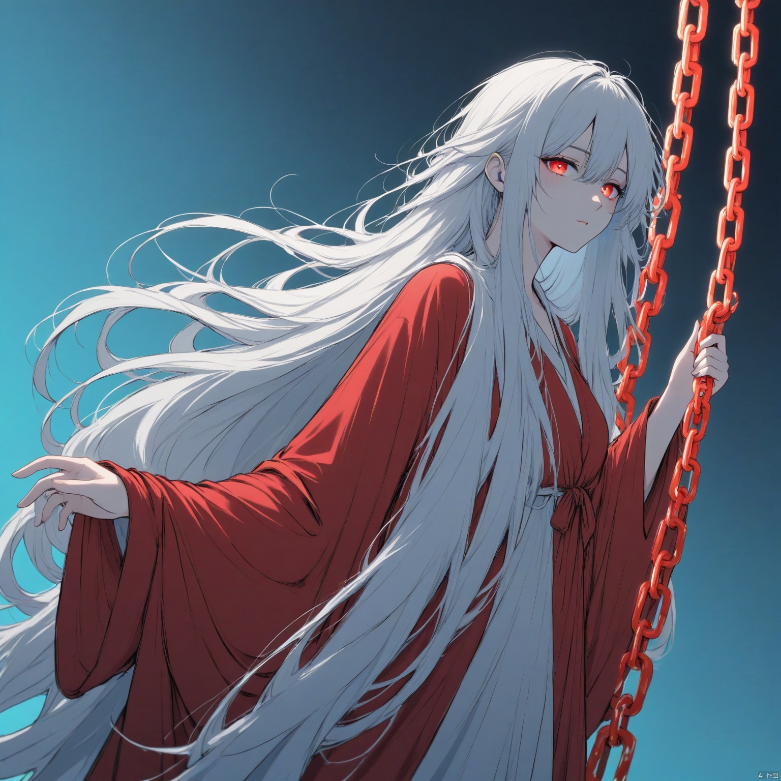 ZOZ_DM,Animation style,
An animated image of a woman with long white hair and red eyes. She is holding a red chain that is attached to her right hand. The woman's hair is long and cascades over her shoulders. She's wearing a long red robe that is draped over her left shoulder. Her arms are wrapped around her waist. Her eyes are a bright red. The background is a light blue color.



