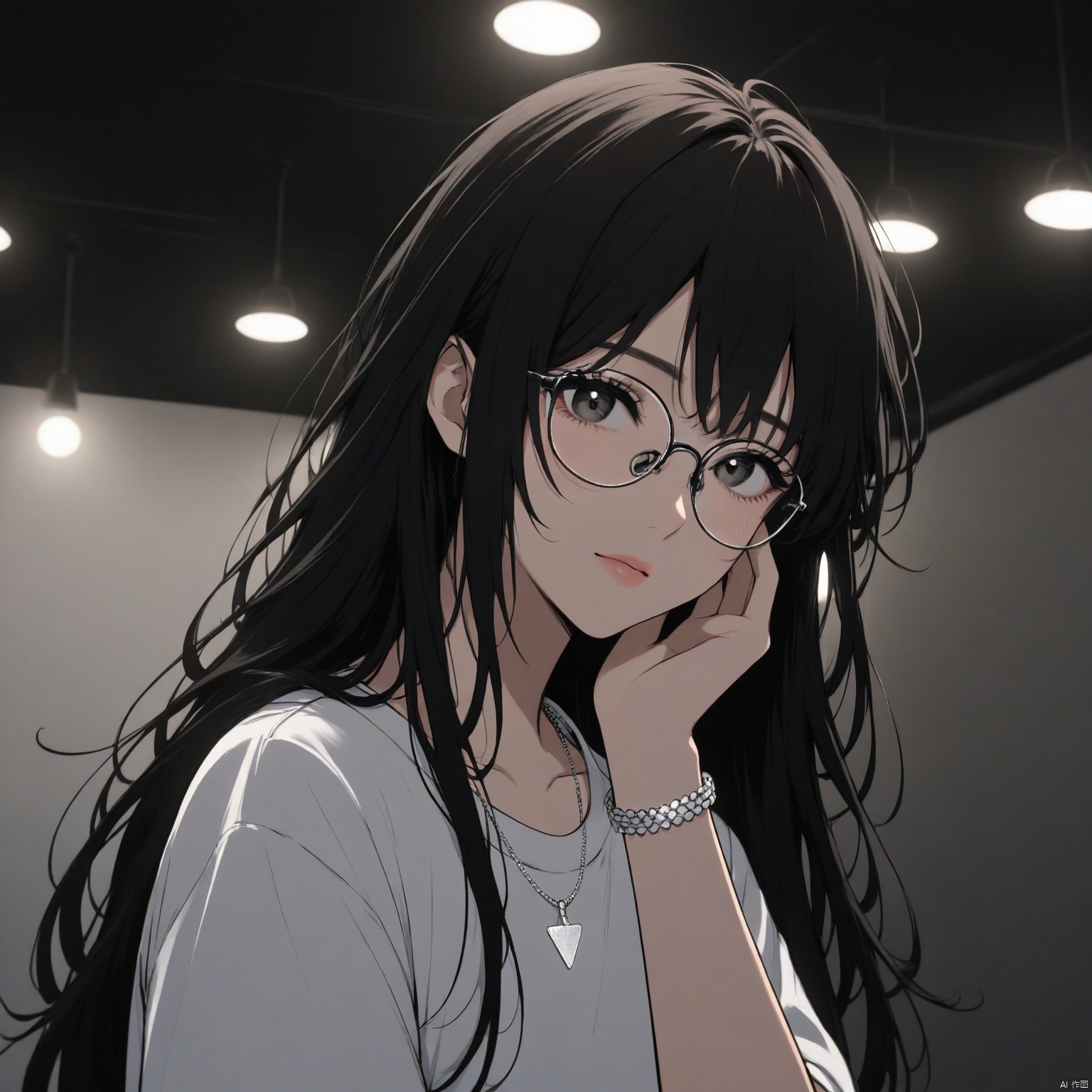 ZOZ_DM,Animation style,
An animated image of a girl with long black hair and a white t-shirt that says "EX STEVENS" on the front. The girl is wearing a silver bracelet on her left arm and a silver heart shaped necklace around her neck. She is also wearing a pair of glasses on her face. The background is dark and there are white lights on the ceiling.

