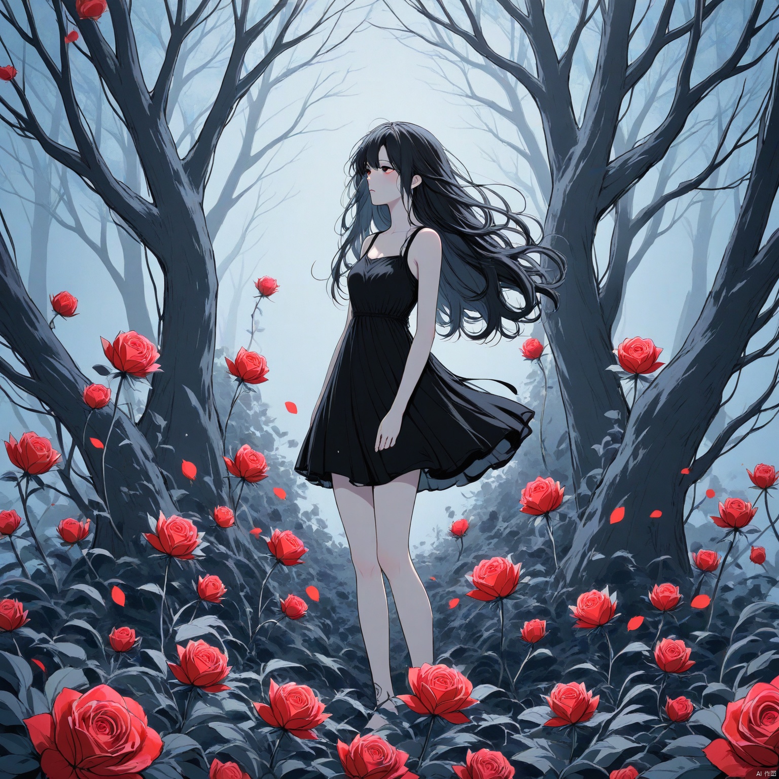 ZOZ_DM,Animation style,
An animated image of a woman with long black hair and a black dress. She is standing in front of a bunch of red roses. The roses are arranged in a vase with leaves and stems. The woman's hair is blowing in the wind and she is looking to the right side of the image. The background is a light blue color and there are bare trees in the background.

