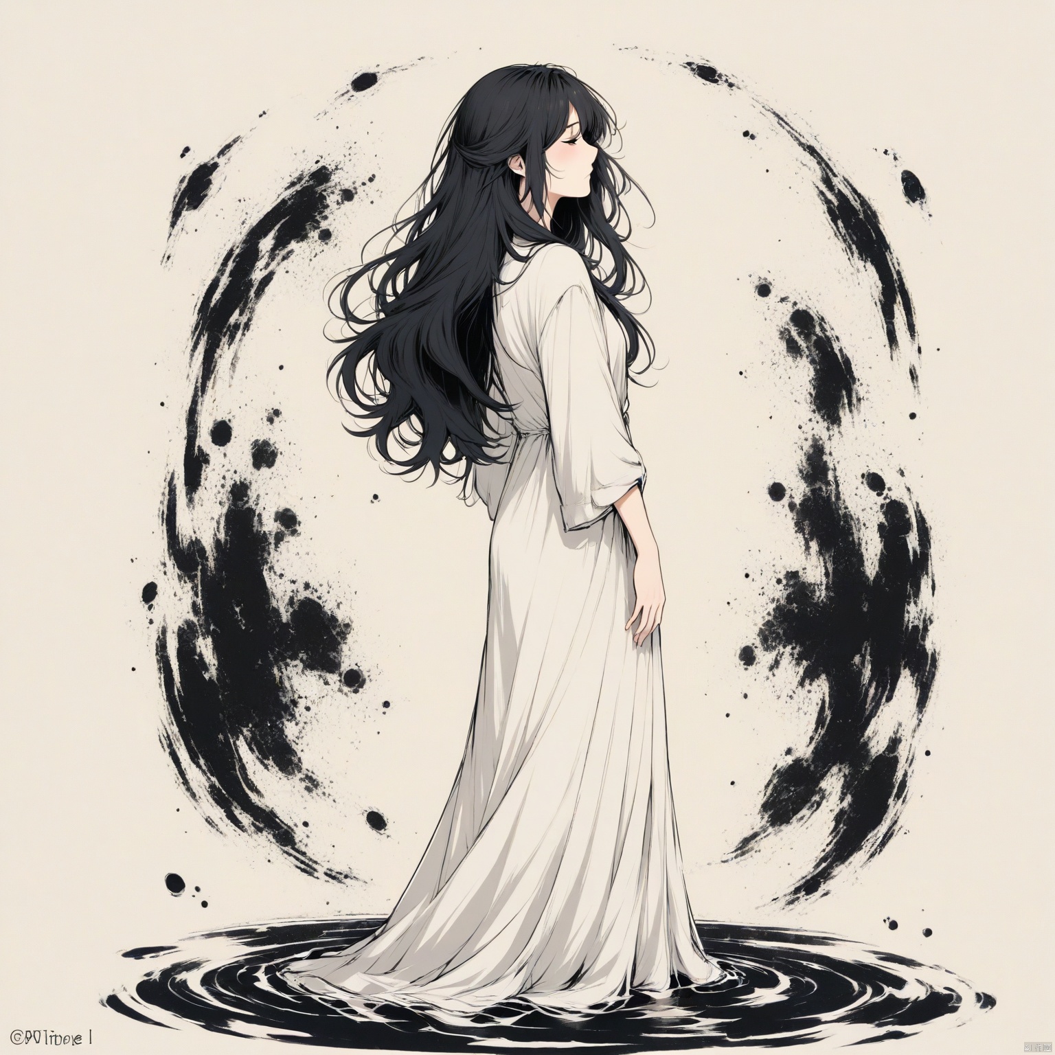 ZOZ_DM,Animation style,
An illustration of a woman in a white dress with long black hair. The woman is facing the left side of the image

with her right hand on her hip. She is facing to the left. Her left arm is draped over her right shoulder. Her right arm is wrapped around her waist. She has long dark hair that falls to her right. Her dress is long and flows down to her knees. The background is a light beige

with black splashes of water on it.

