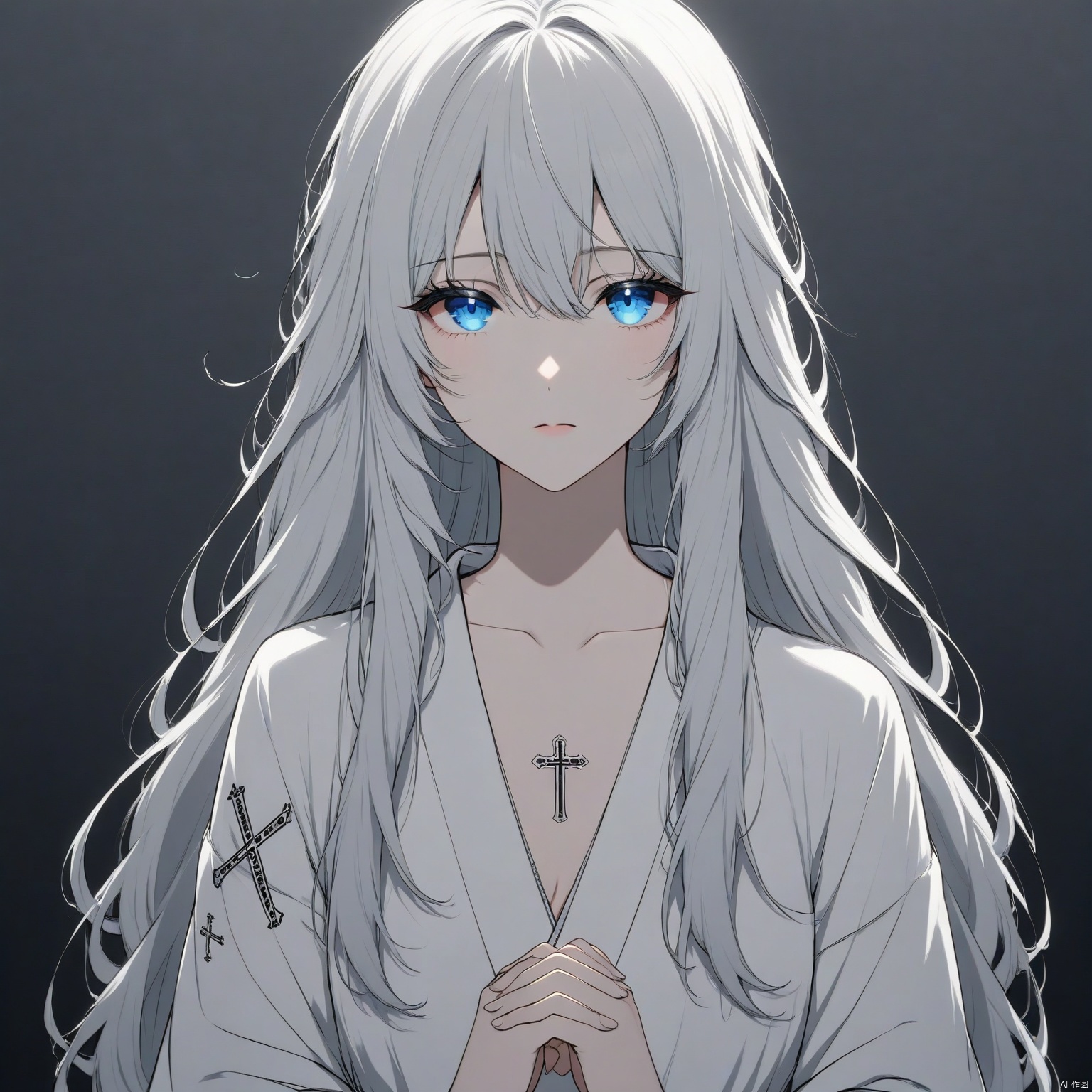 ZOZ_DM,Animation style,
An animated image of a woman with long white hair and blue eyes. She is wearing a white kimono with a cross embroidered on the chest. Her hands are clasped in front of her. The background is dark gray.

