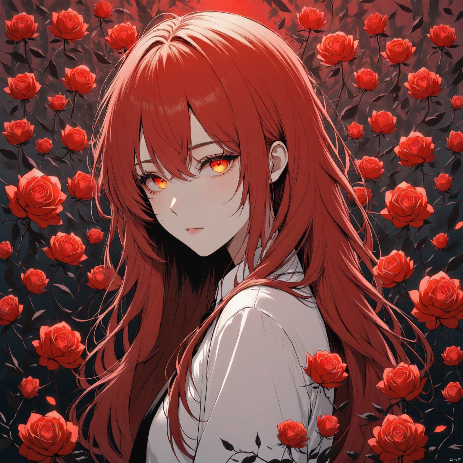 ZOZ_DM

An animated image of a girl with long red hair and orange eyes. She is wearing a white collared shirt with a white collar and a black tie. There are red roses on the shirt with black leaves. The background is a vibrant red.



