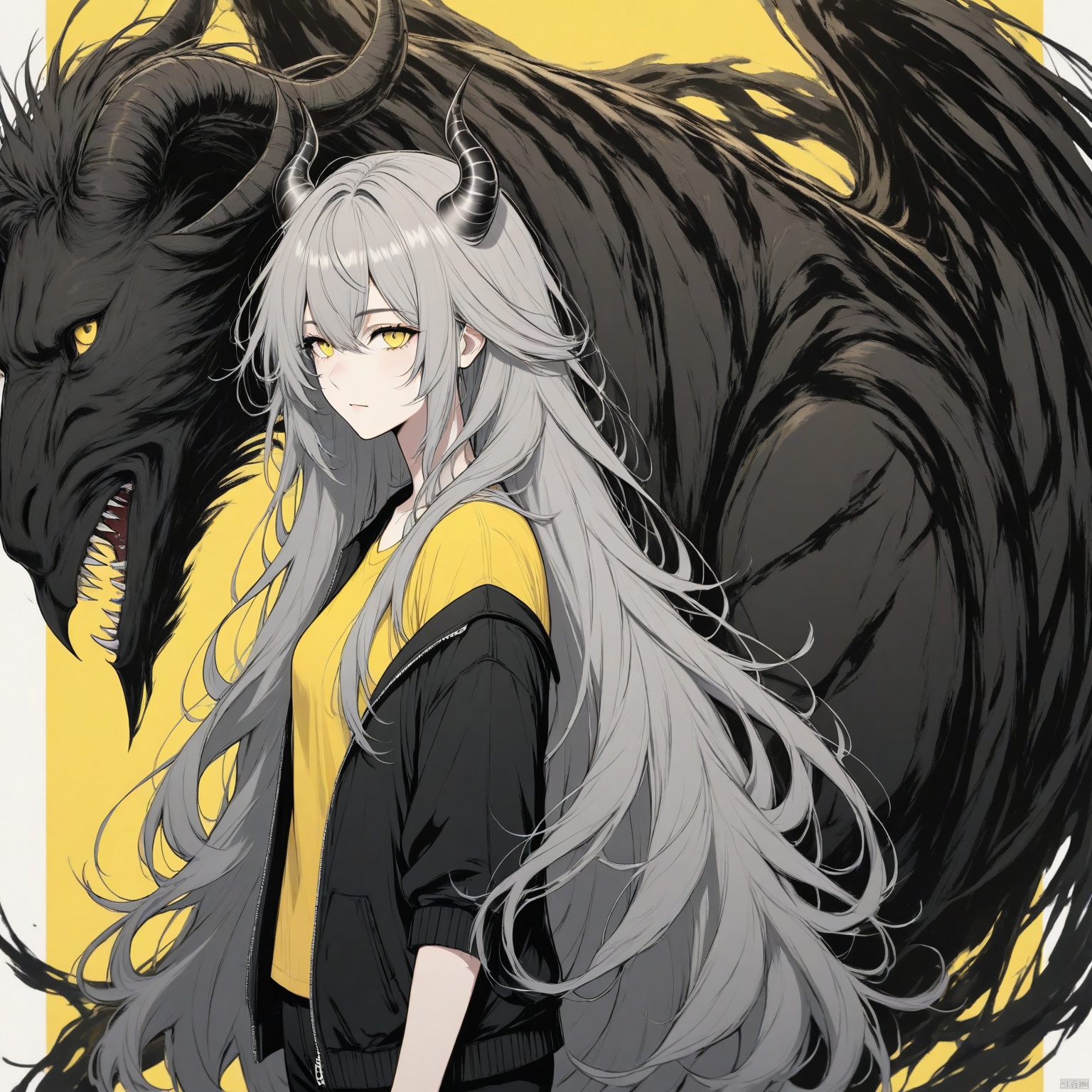 ZOZ_DM,Animation style,
An animated image of a woman with long gray hair and horns on her head. She is wearing a black jacket with a zipper on the front. She has a yellow t-shirt and black pants. Her eyes are yellow and her mouth is slightly open. Her hair is long and cascades over her shoulders. The background is a bright yellow.

